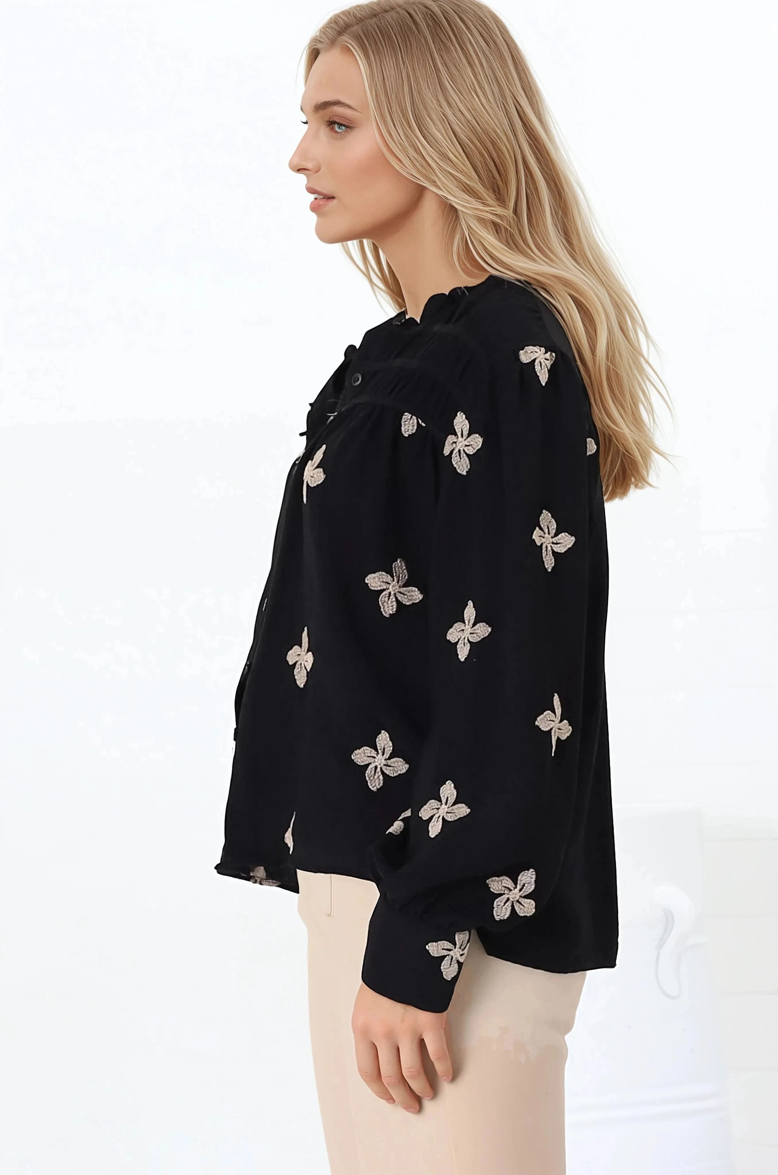 Gigi Blouse - Floral Embroidery Frill Collar Button Down Blouse in Black sold by Salty Crush product image thumbnail 5