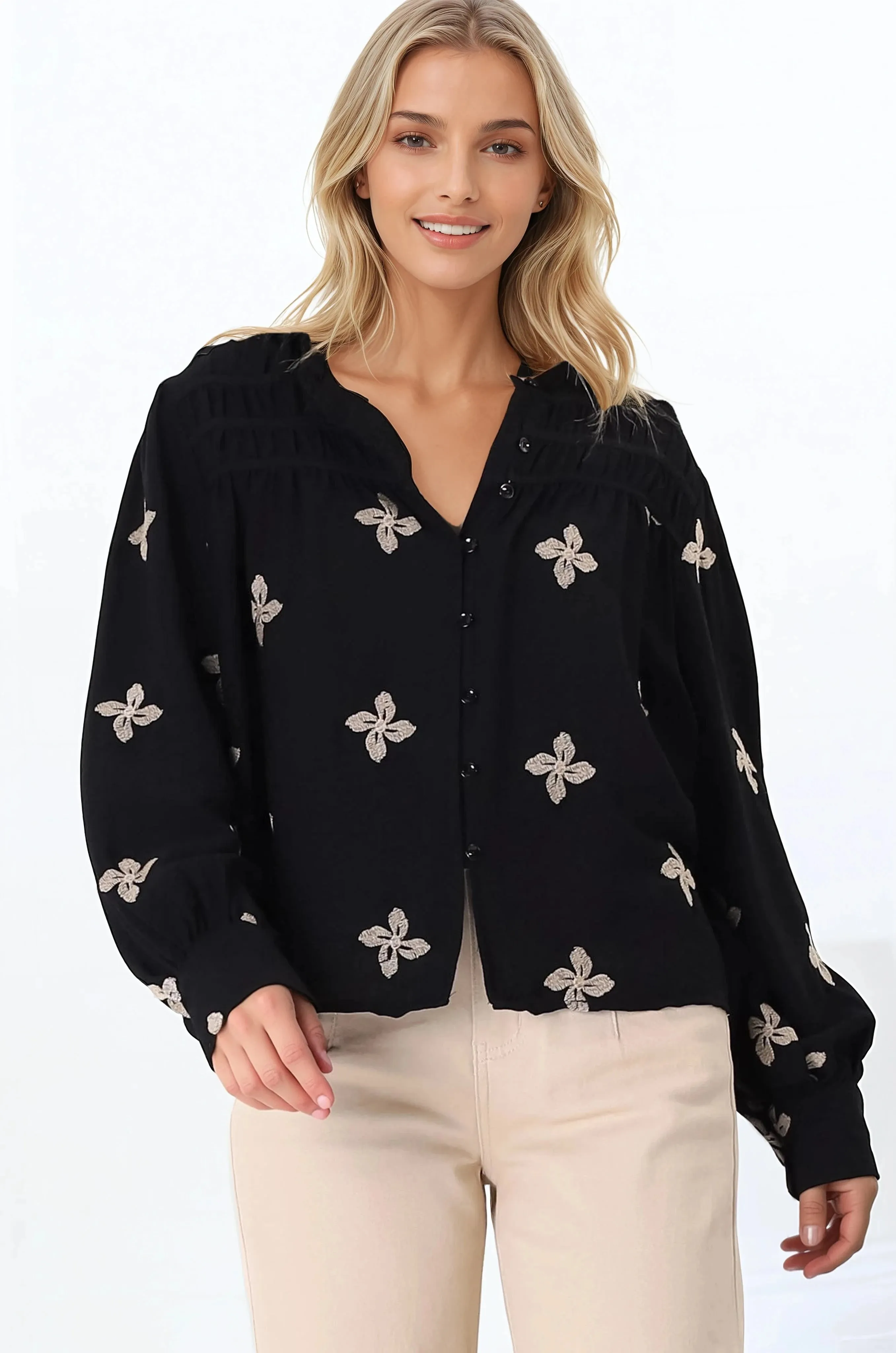 Gigi Blouse - Floral Embroidery Frill Collar Button Down Blouse in Black sold by Salty Crush