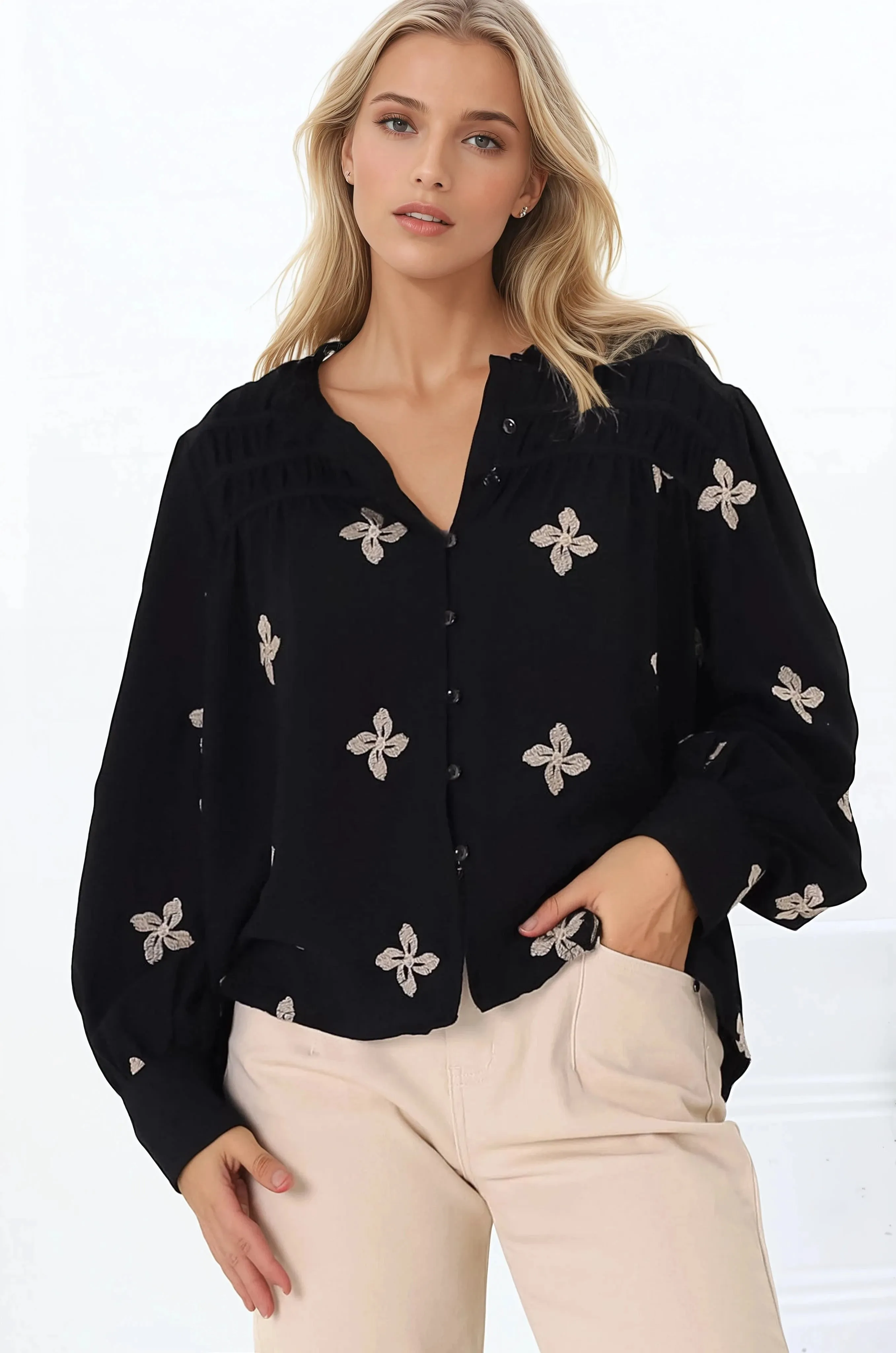 Gigi Blouse - Floral Embroidery Frill Collar Button Down Blouse in Black sold by Salty Crush product image thumbnail 3