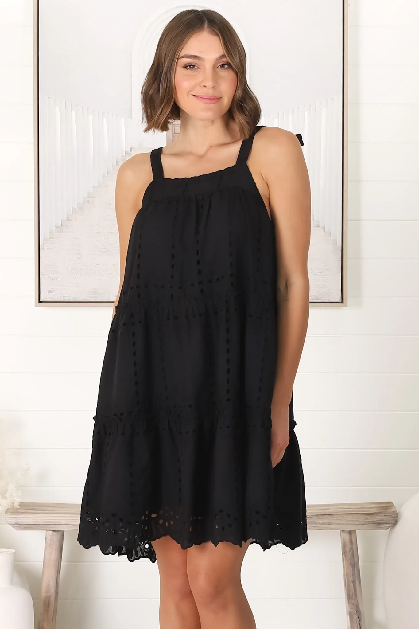 Tulip Mini Dress - Tie Up Straps Broderie Anglaise Tiered Dress in Black sold by Salty Crush product image thumbnail 3