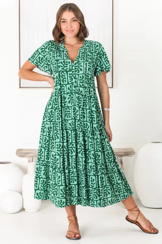 Peggy Midi Dress - Relaxed Mandarin Collar Pleated Bust Tiered Dress in Davey Print Green sold by Salty Crush