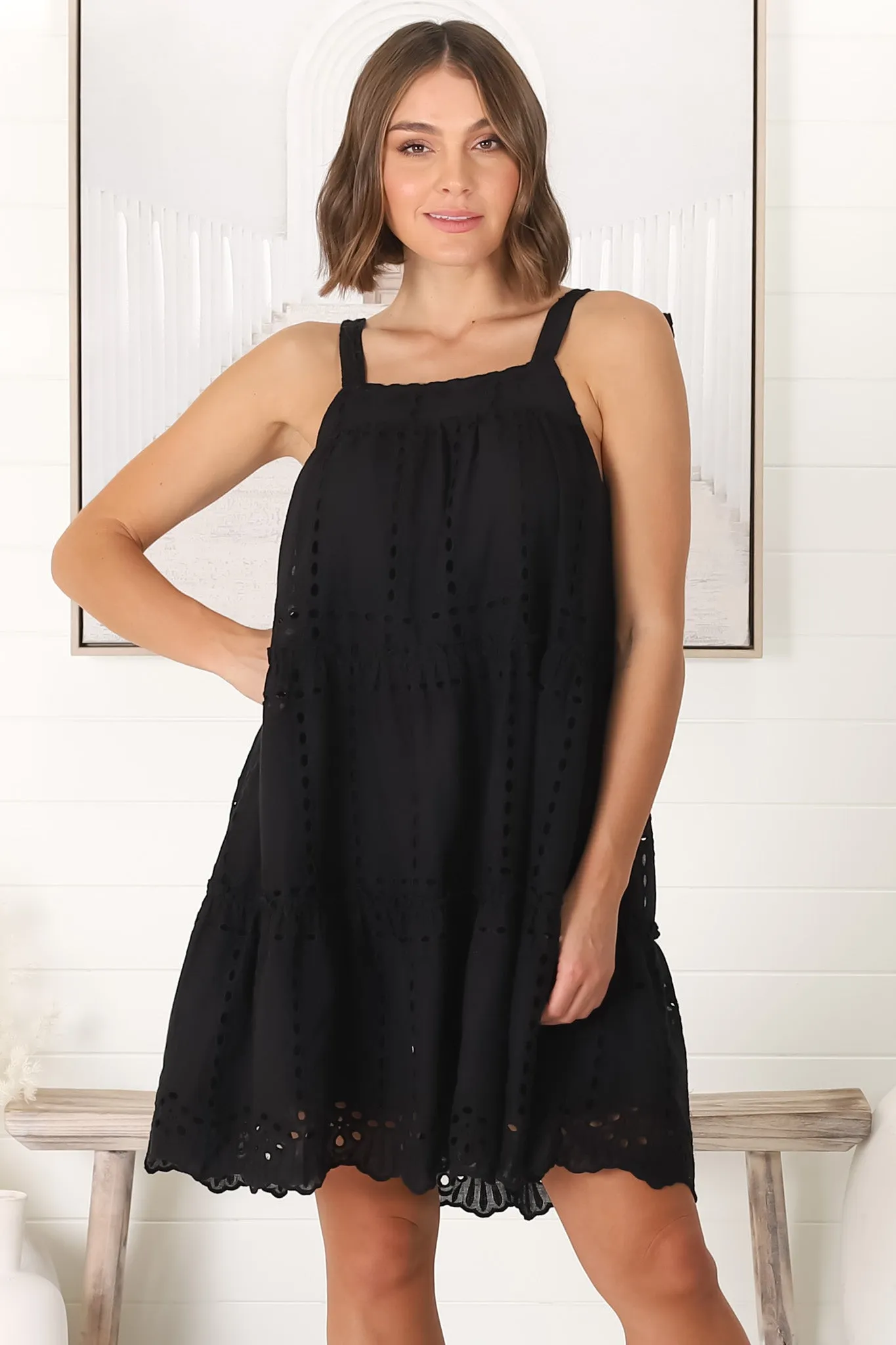Tulip Mini Dress - Tie Up Straps Broderie Anglaise Tiered Dress in Black sold by Salty Crush product image thumbnail 4