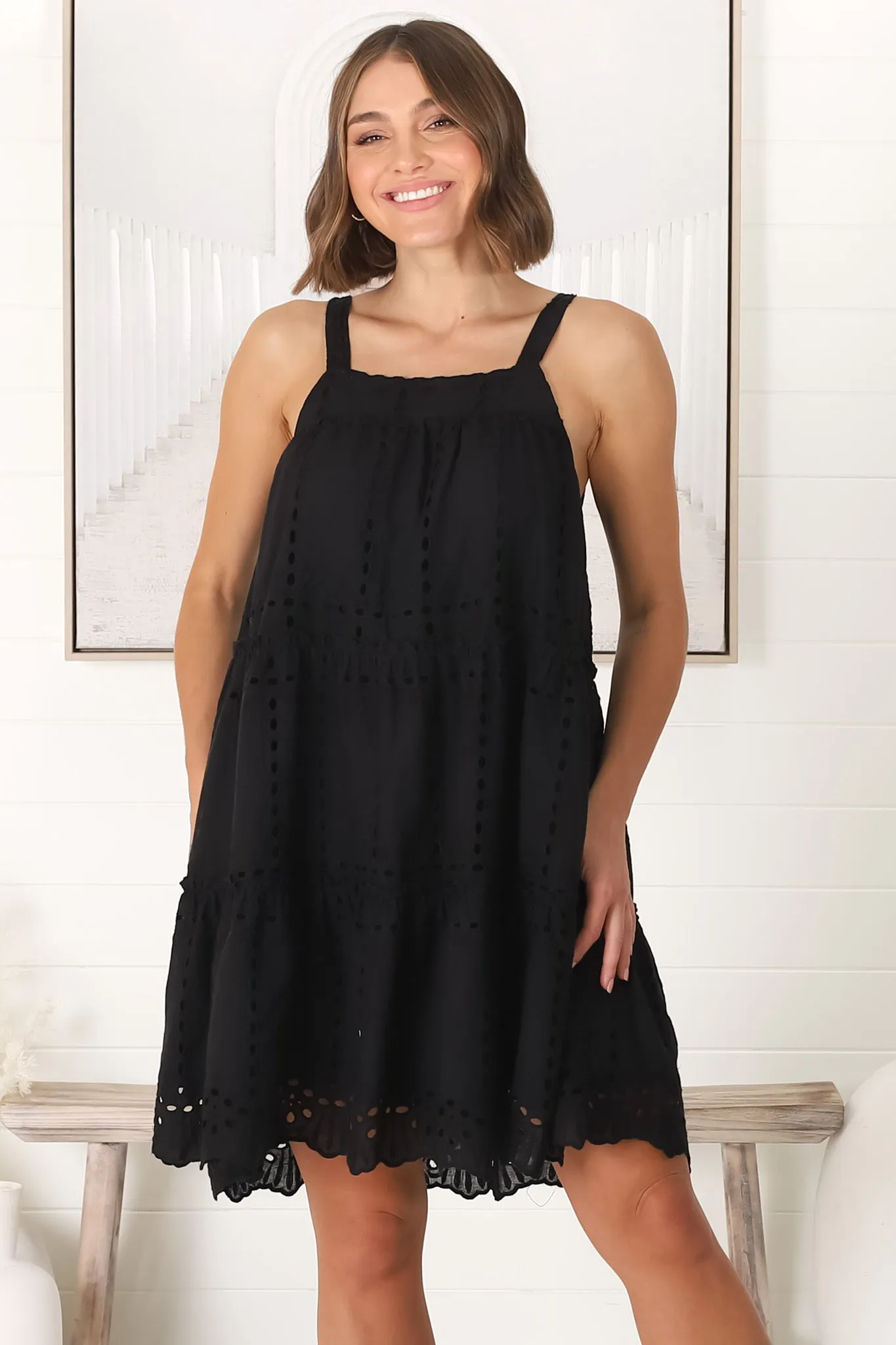 Tulip Mini Dress - Tie Up Straps Broderie Anglaise Tiered Dress in Black sold by Salty Crush