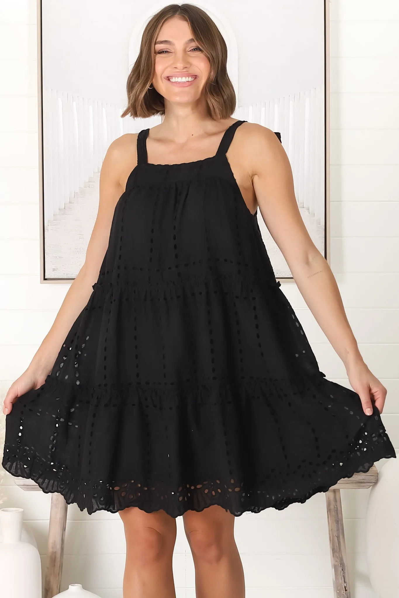 Tulip Mini Dress - Tie Up Straps Broderie Anglaise Tiered Dress in Black sold by Salty Crush product image thumbnail 5