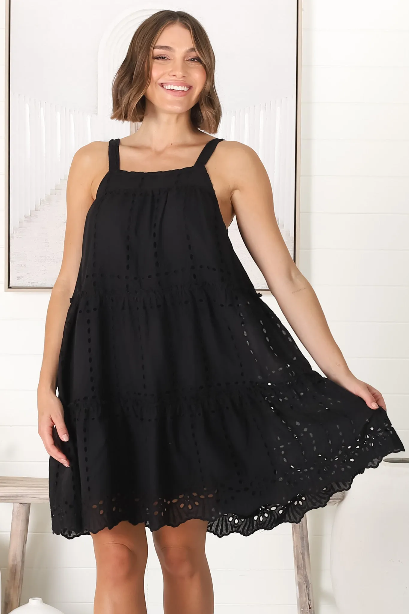 Tulip Mini Dress - Tie Up Straps Broderie Anglaise Tiered Dress in Black sold by Salty Crush product image thumbnail 2