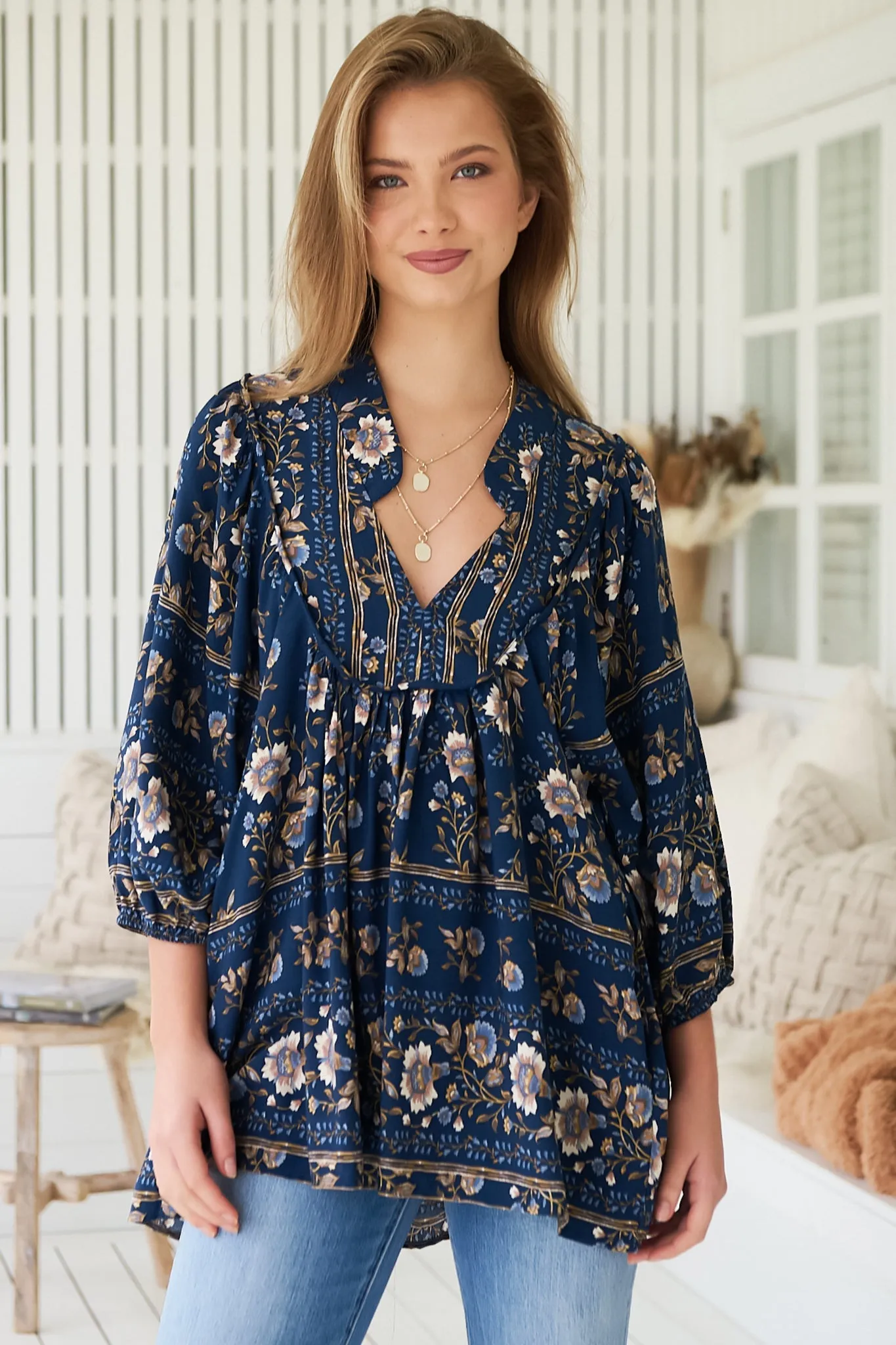 Boheme Blouse - Thick Collar Smock Blouse in Adeline Print sold by Salty Crush