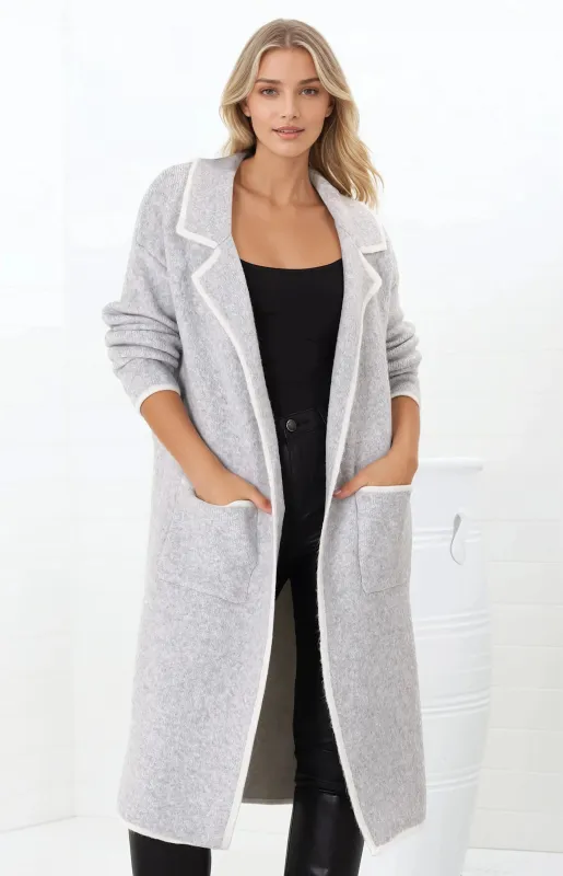 Boston Cardigan - Collared Contrast Hem Cardigan with Pockets in Grey sold by Salty Crush