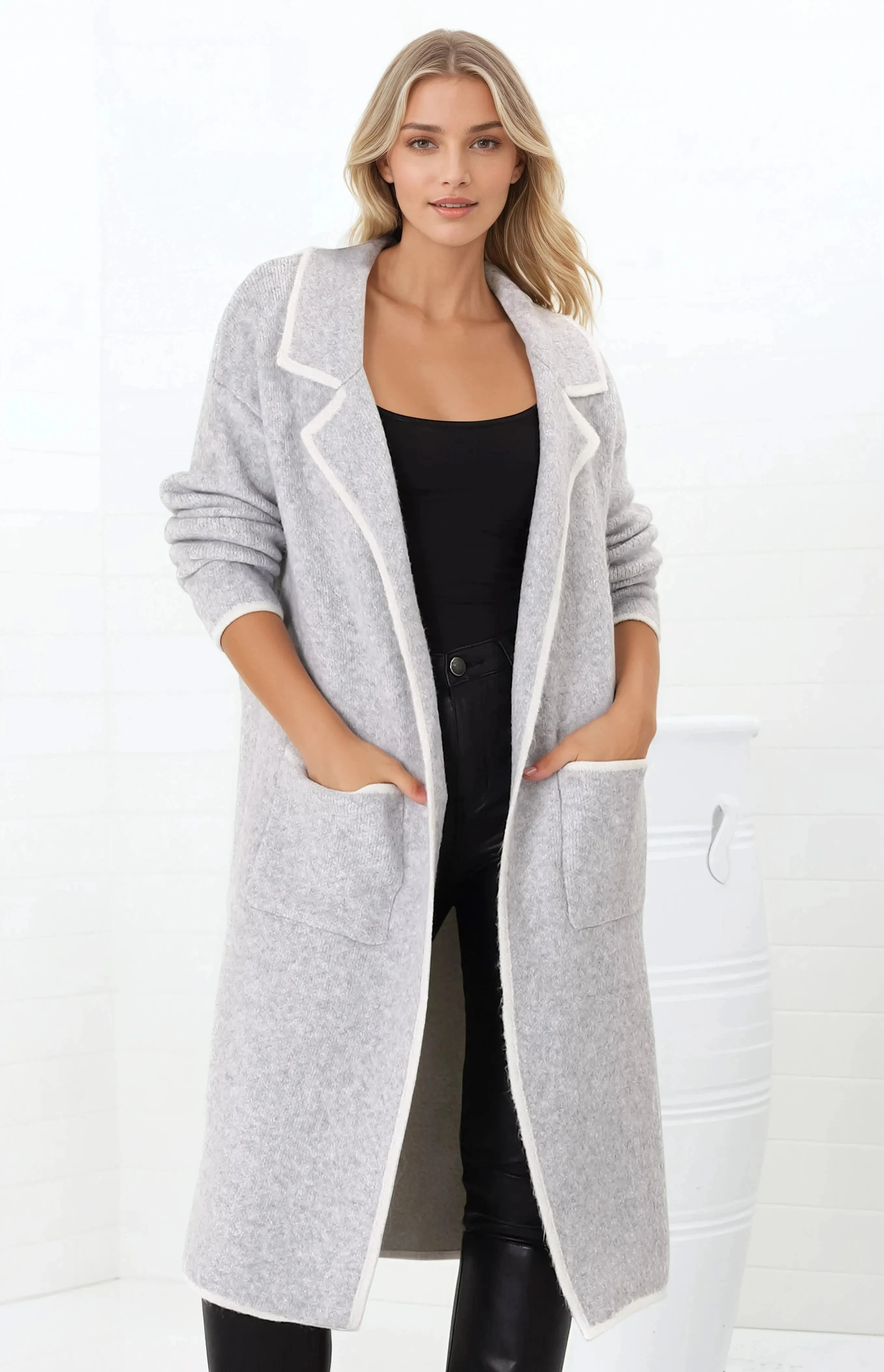Boston Cardigan - Collared Contrast Hem Cardigan with Pockets in Grey sold by Salty Crush