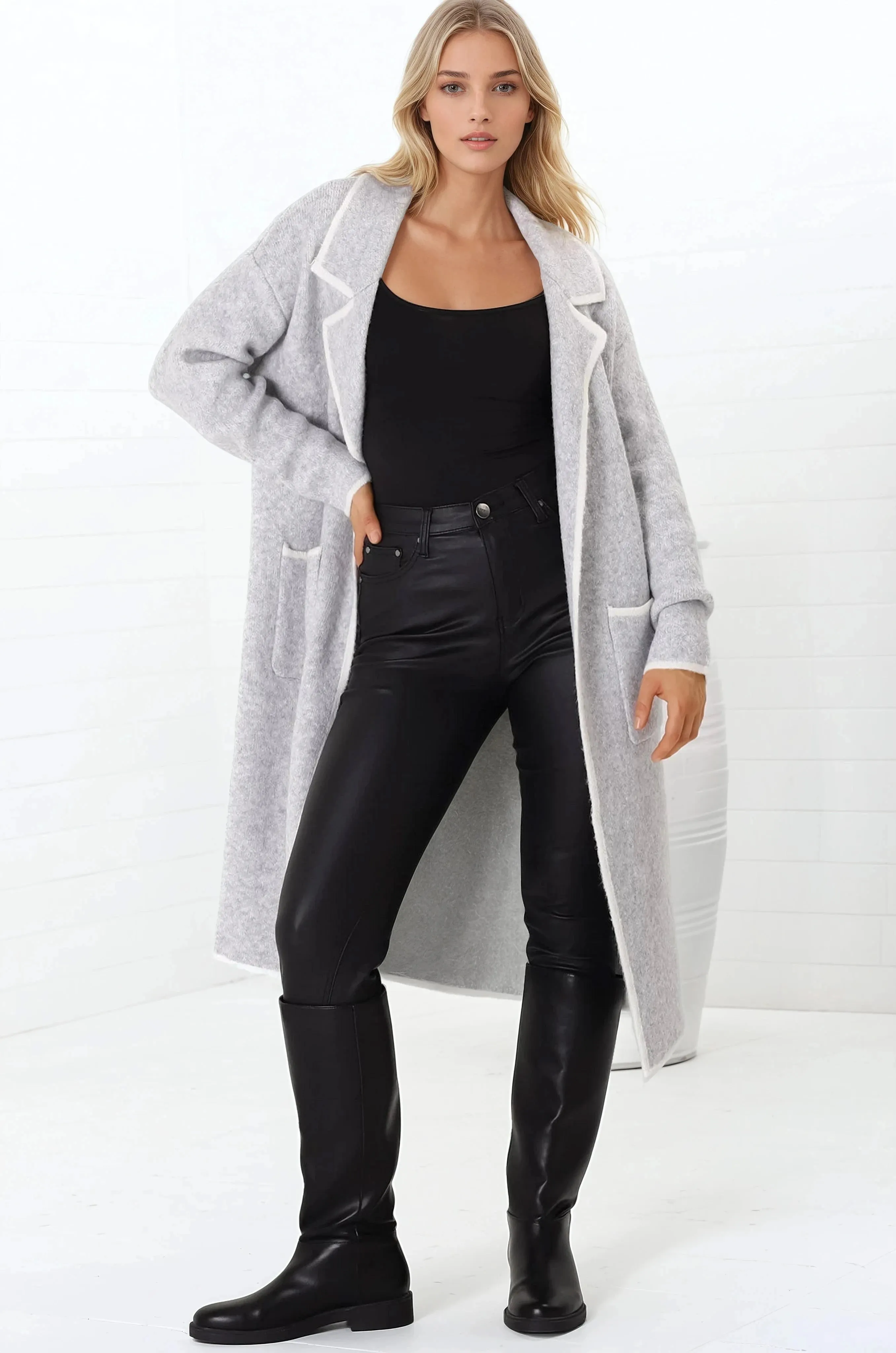 Boston Cardigan - Collared Contrast Hem Cardigan with Pockets in Grey sold by Salty Crush product image thumbnail 2