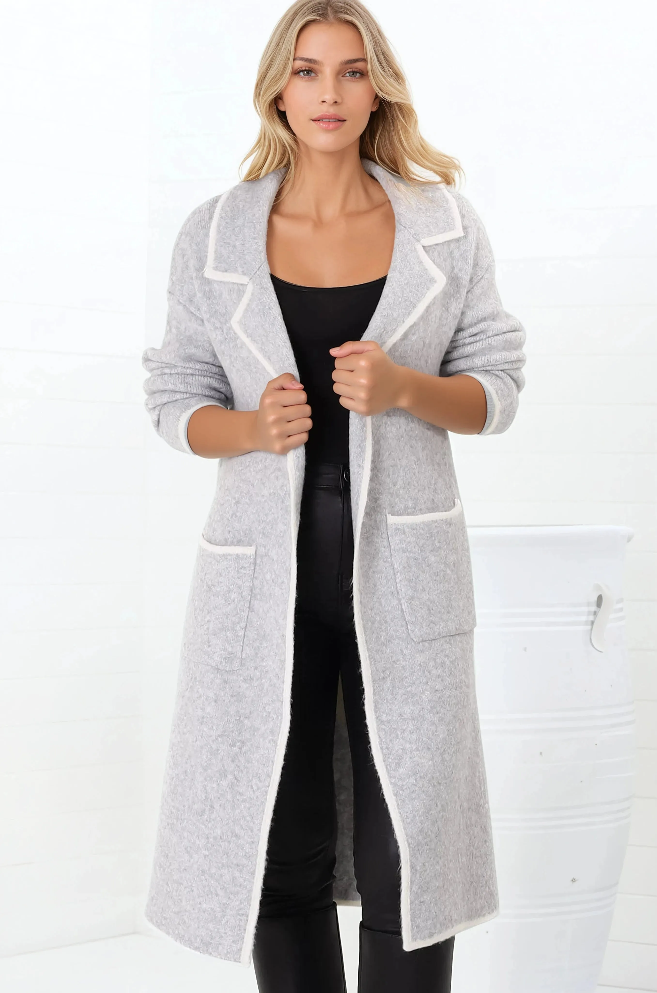 Boston Cardigan - Collared Contrast Hem Cardigan with Pockets in Grey sold by Salty Crush product image thumbnail 3