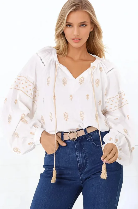 Wrenlow Blouse - Embroidery Mandarin Collar with Neck Tie Pull Over Blouse in White sold by Salty Crush