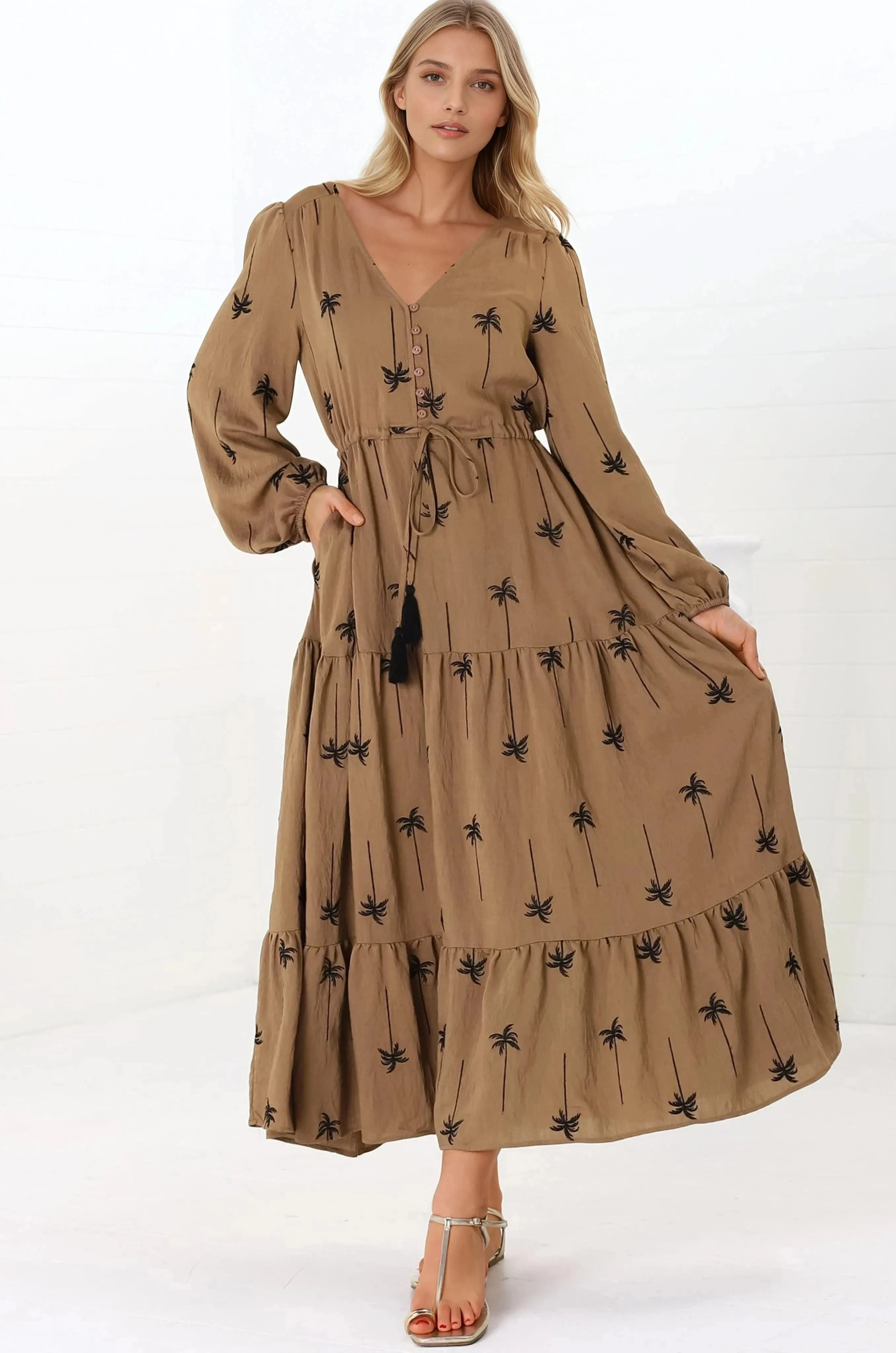 Rylie Maxi Dress - Embroidered Long Sleeve Dress with Pull Tie Waist in Palm Print Camel sold by Salty Crush