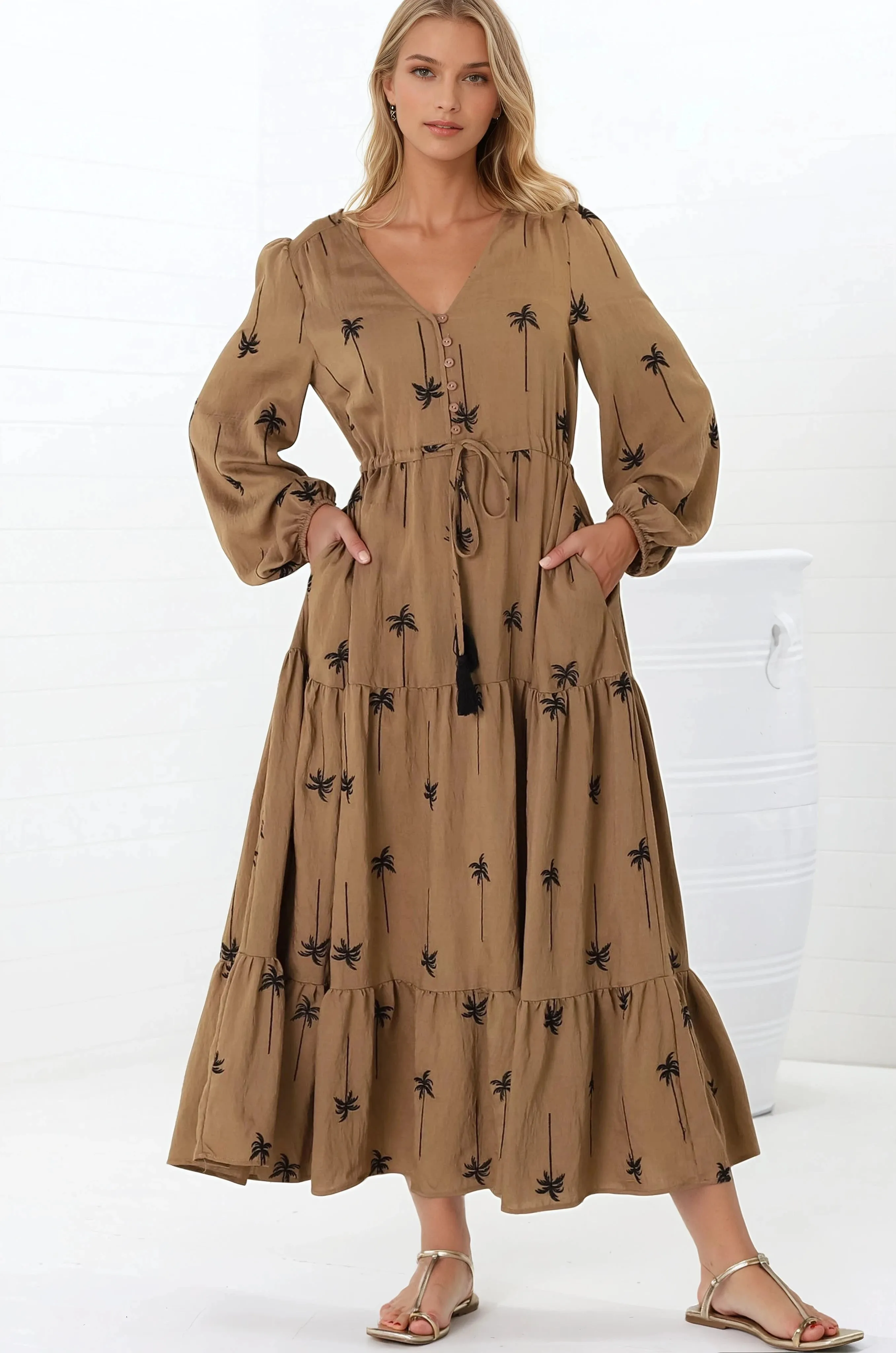 Rylie Maxi Dress - Embroidered Long Sleeve Dress with Pull Tie Waist in Palm Print Camel sold by Salty Crush product image thumbnail 4