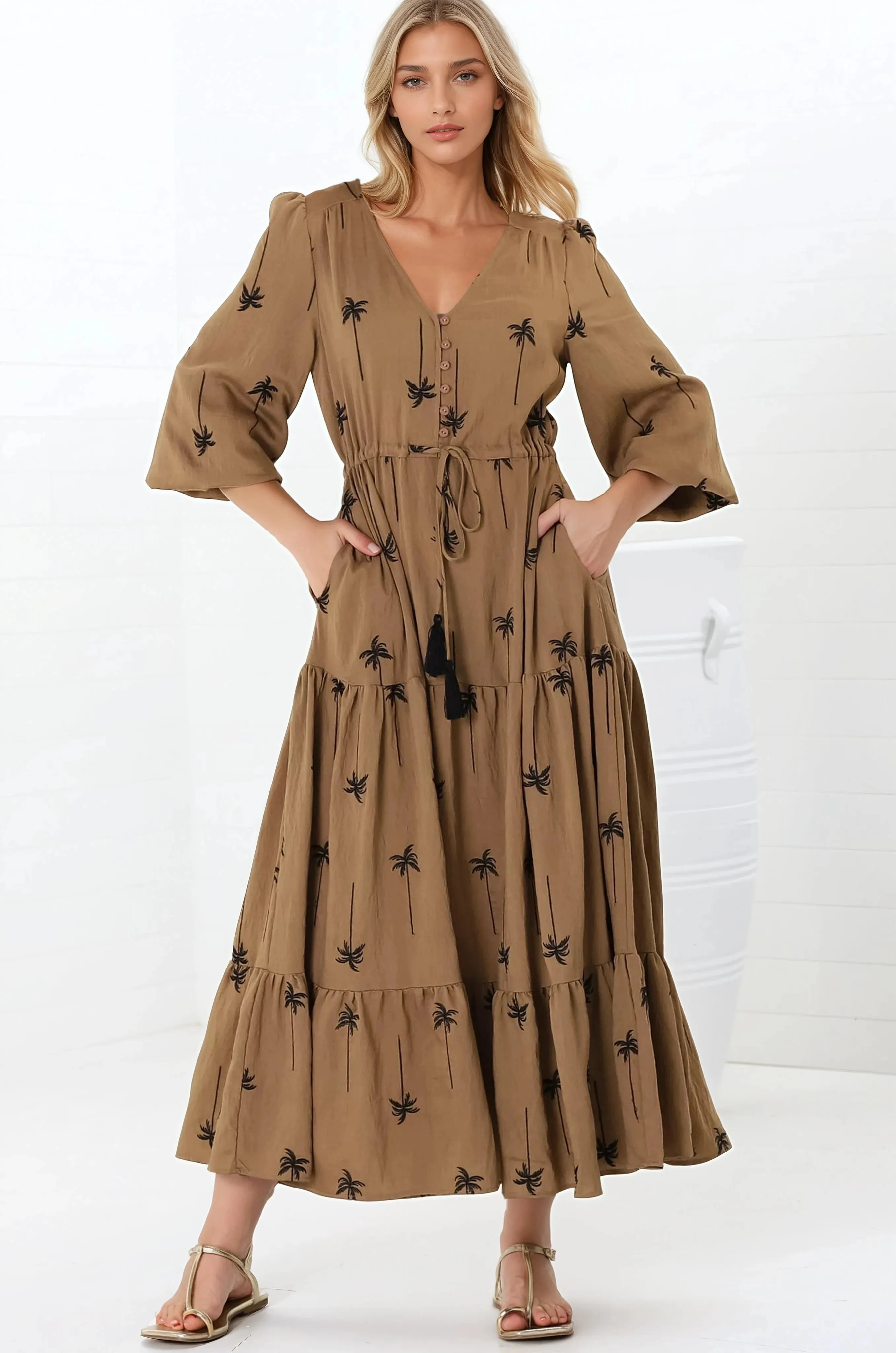 Rylie Maxi Dress - Embroidered Long Sleeve Dress with Pull Tie Waist in Palm Print Camel sold by Salty Crush product image thumbnail 2