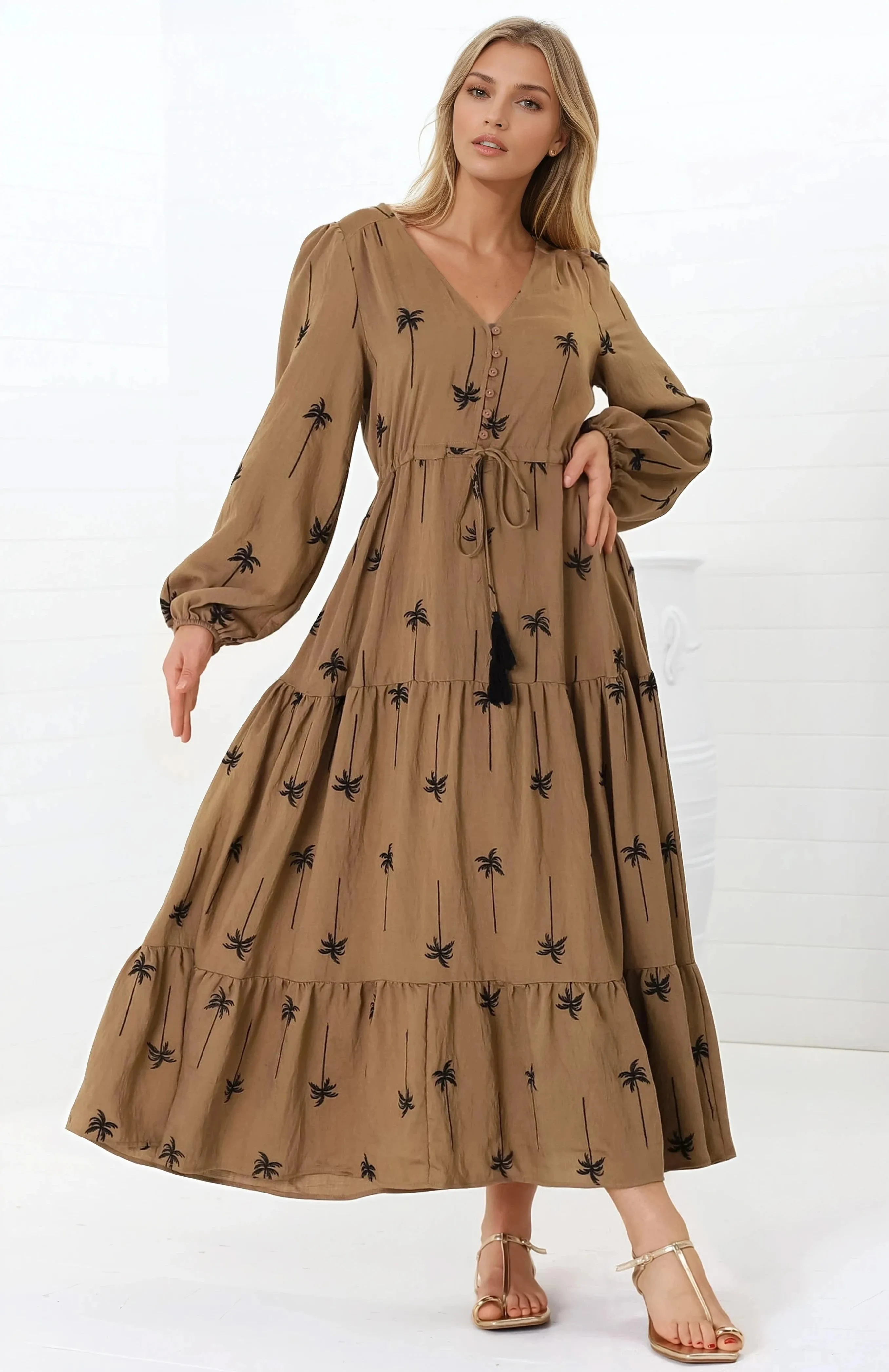 Rylie Maxi Dress - Embroidered Long Sleeve Dress with Pull Tie Waist in Palm Print Camel sold by Salty Crush product image thumbnail 3
