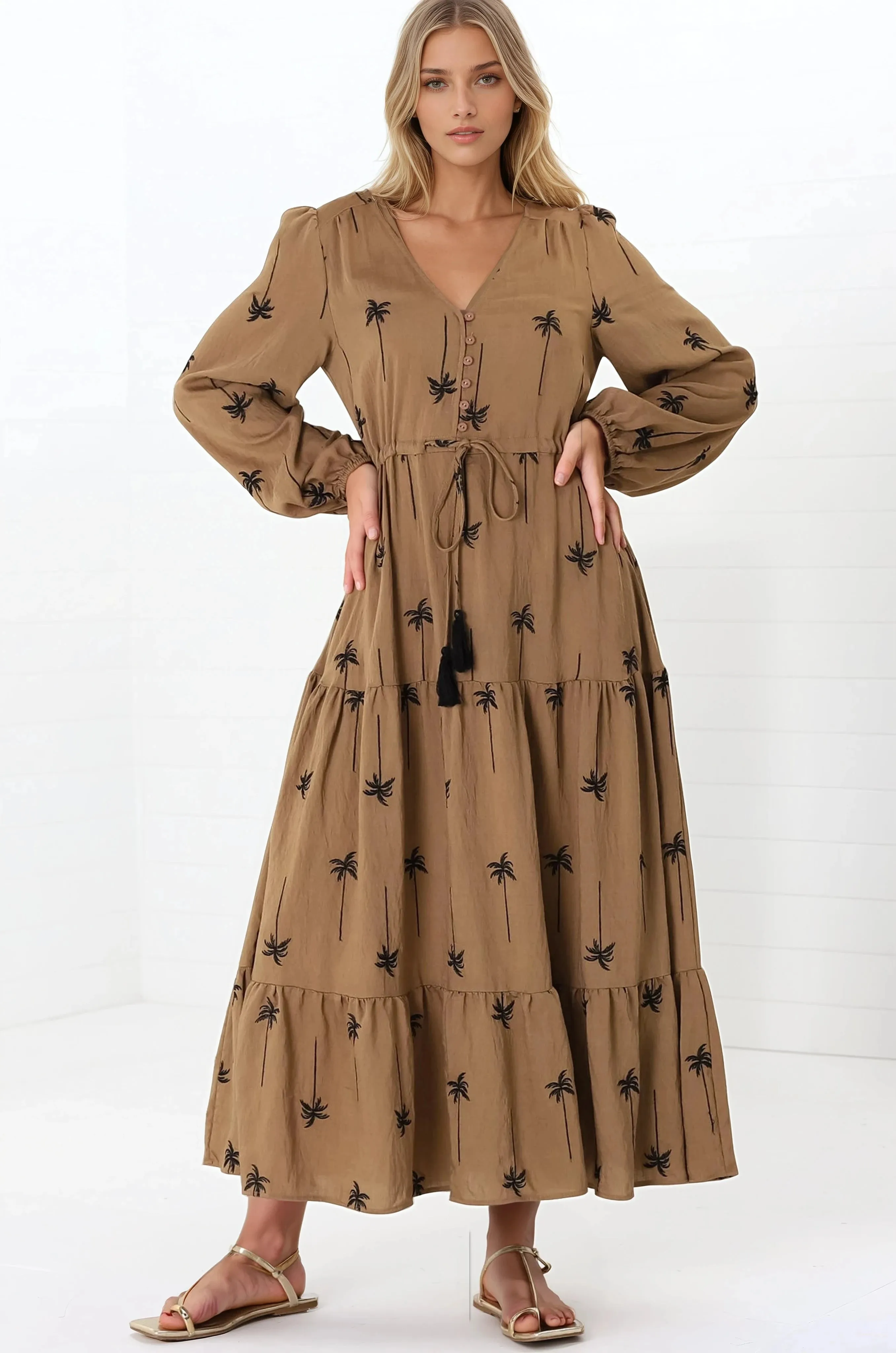 Rylie Maxi Dress - Embroidered Long Sleeve Dress with Pull Tie Waist in Palm Print Camel sold by Salty Crush product image thumbnail 5