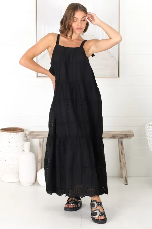 Tulip Midi Dress - Tie Up Straps Broderie Anglaise Tiered Dress in Black sold by Salty Crush