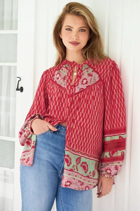 Eliza Blouse - Frill Collar Button Down Lace Detailed Blouse in Zelie Print sold by Salty Crush