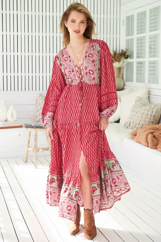 Teresa Ladder Lace Maxi Dress - A Line Dress with Long Balloon Sleeves in Zelie Print sold by Salty Crush