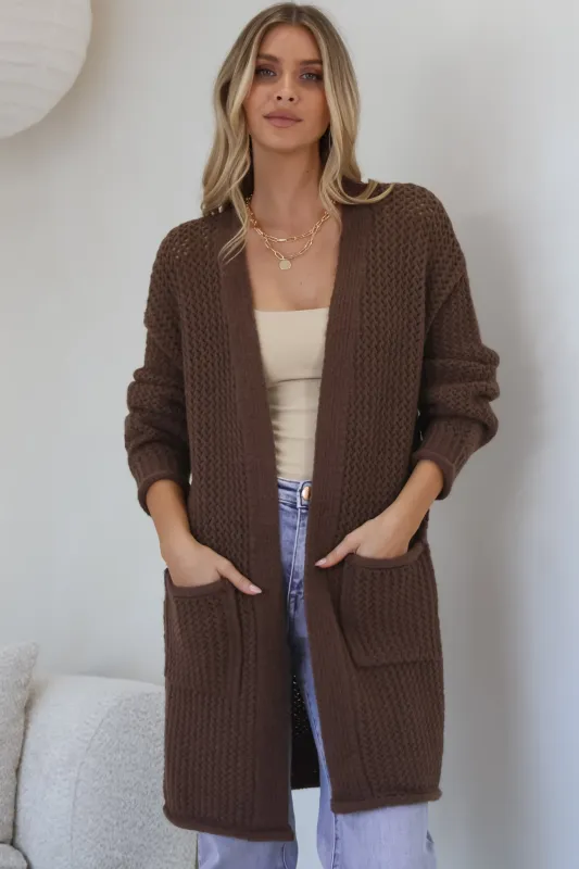 Haven Cardigan - Open Front Long Knit Cardigan with Pockets in Coffee sold by Salty Crush