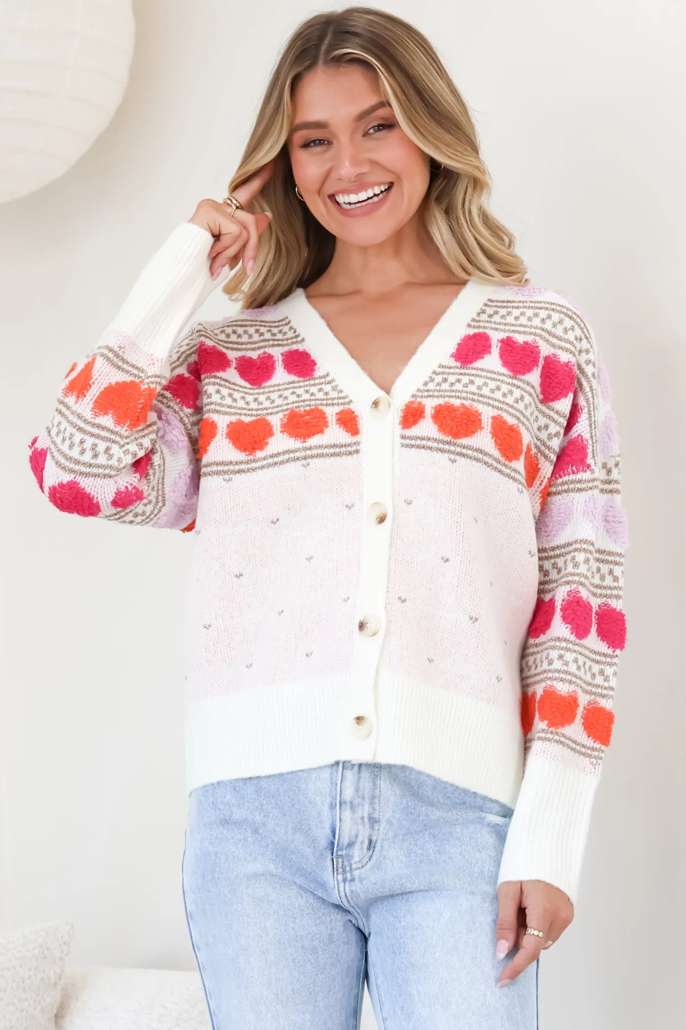 Hattie Cardigan - Heart Knit Buttoned Down Cardigan in Beige sold by Salty Crush product image thumbnail 5