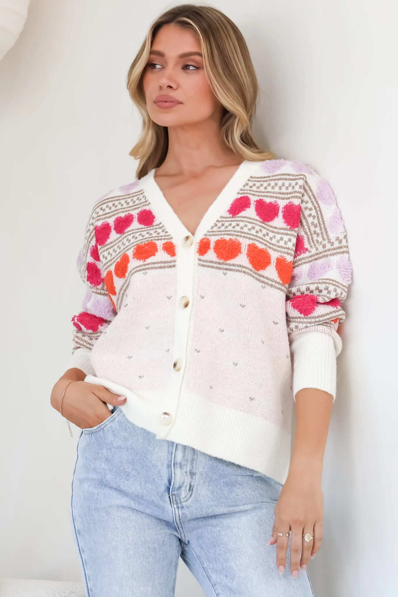 Hattie Cardigan - Heart Knit Buttoned Down Cardigan in Beige sold by Salty Crush product image thumbnail 4