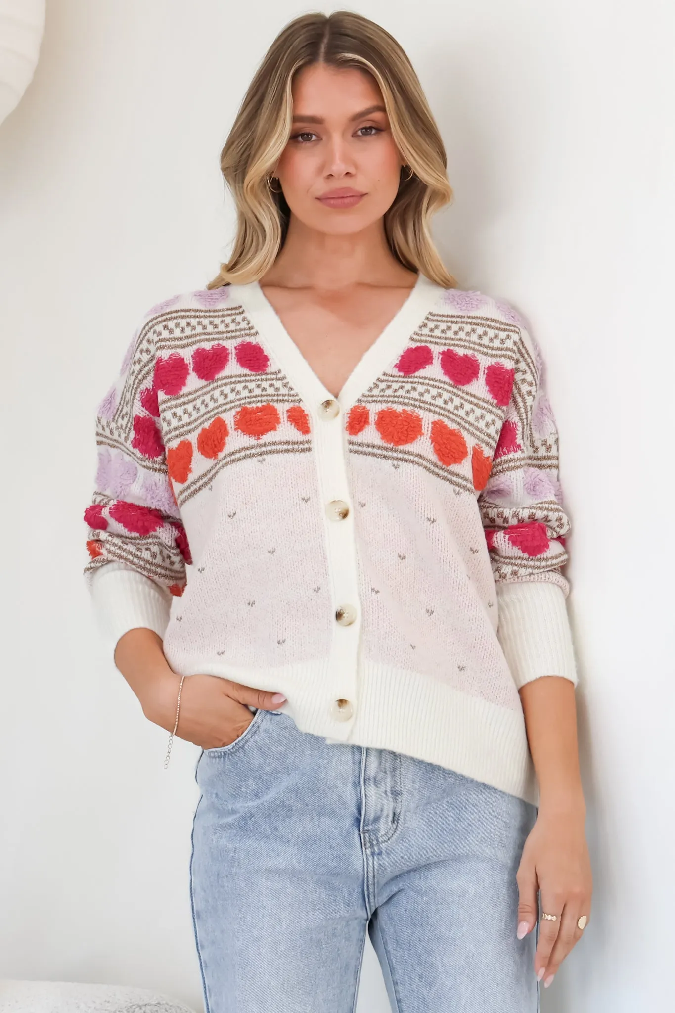 Hattie Cardigan - Heart Knit Buttoned Down Cardigan in Beige sold by Salty Crush