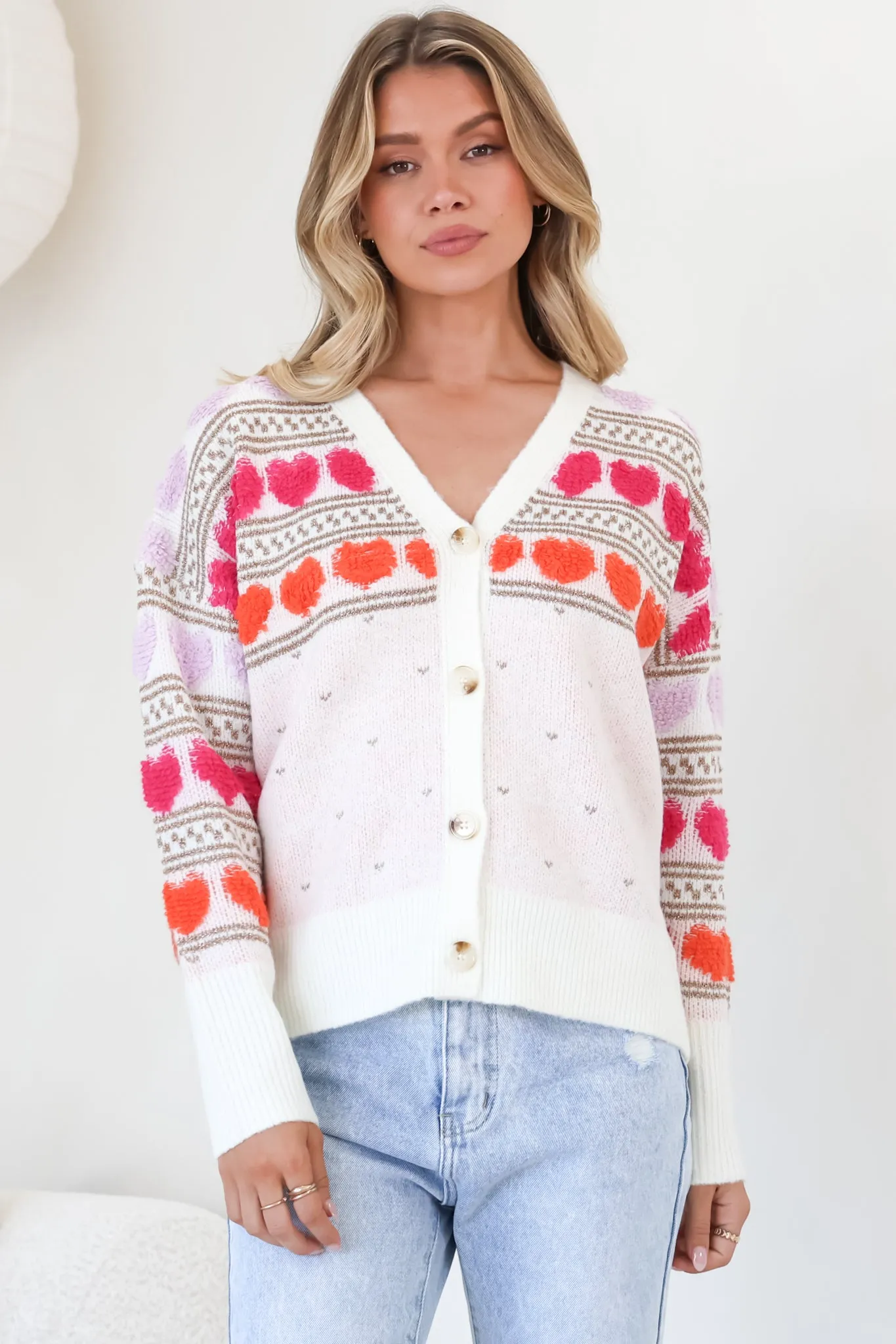 Hattie Cardigan - Heart Knit Buttoned Down Cardigan in Beige sold by Salty Crush product image thumbnail 3