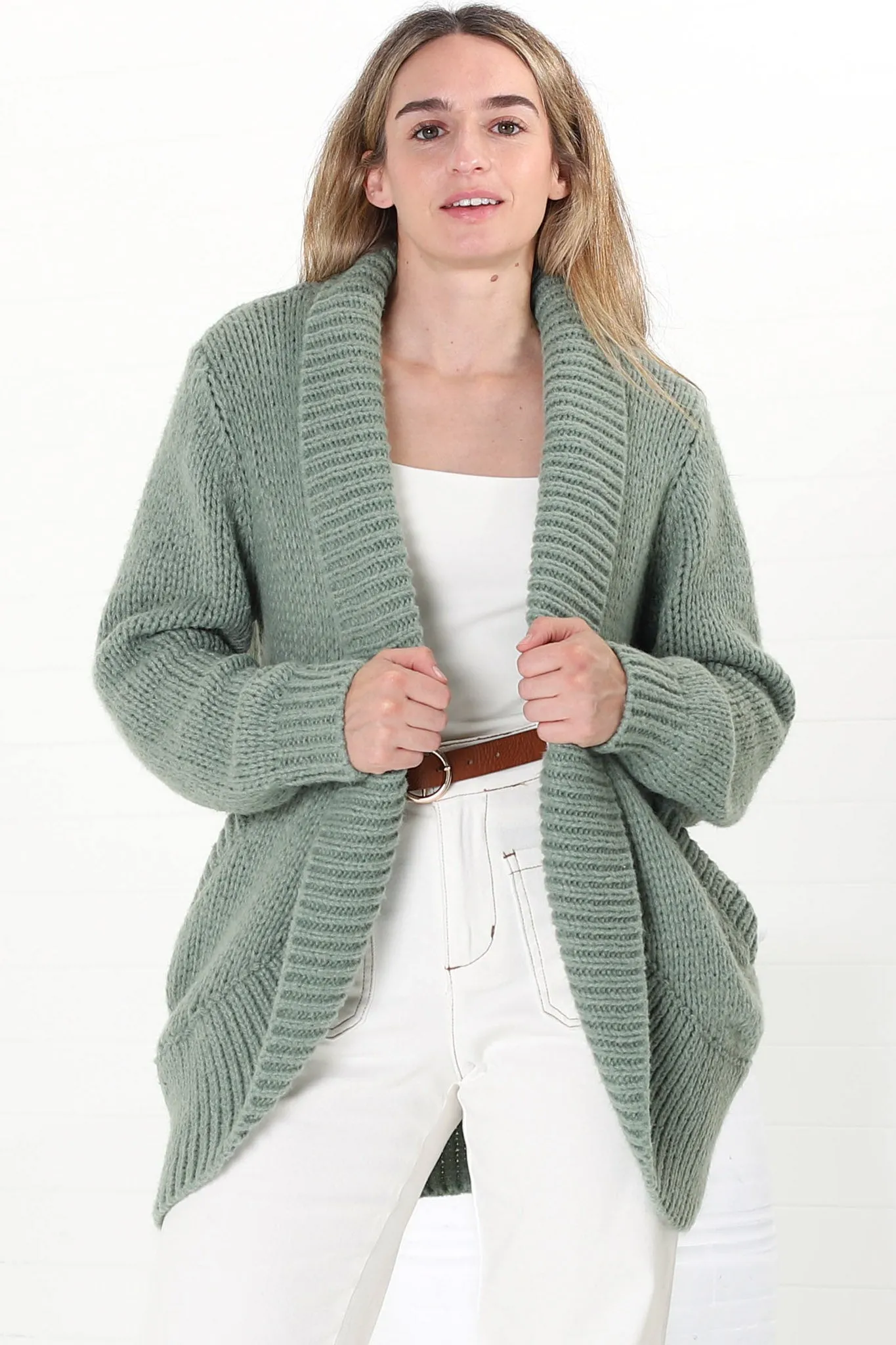 Blair Cardigan - Chunky Open Front Knit Cardigan with Pockets in Sage sold by Salty Crush product image thumbnail 3
