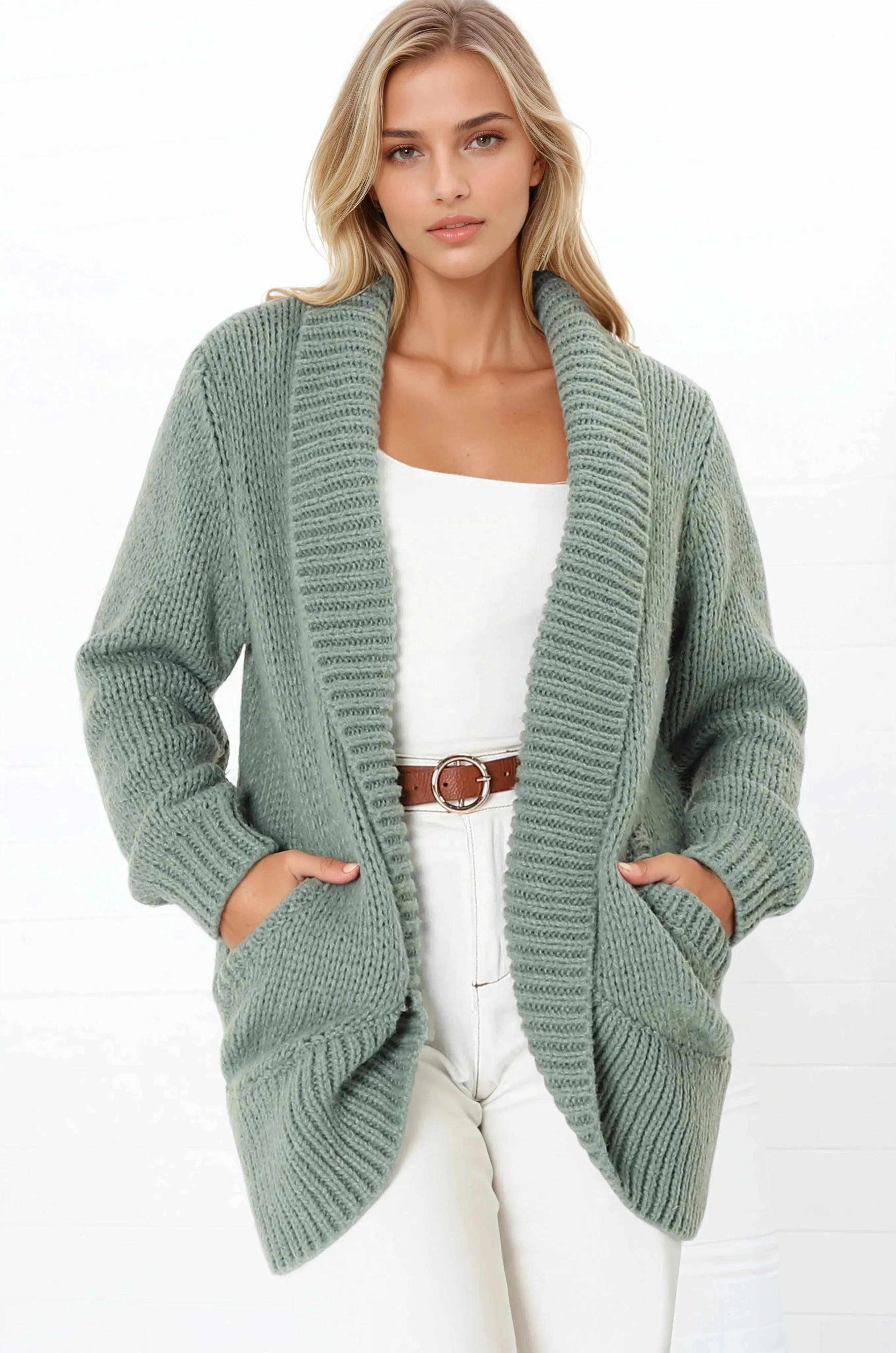 Blair Cardigan - Chunky Open Front Knit Cardigan with Pockets in Sage sold by Salty Crush product image thumbnail 4