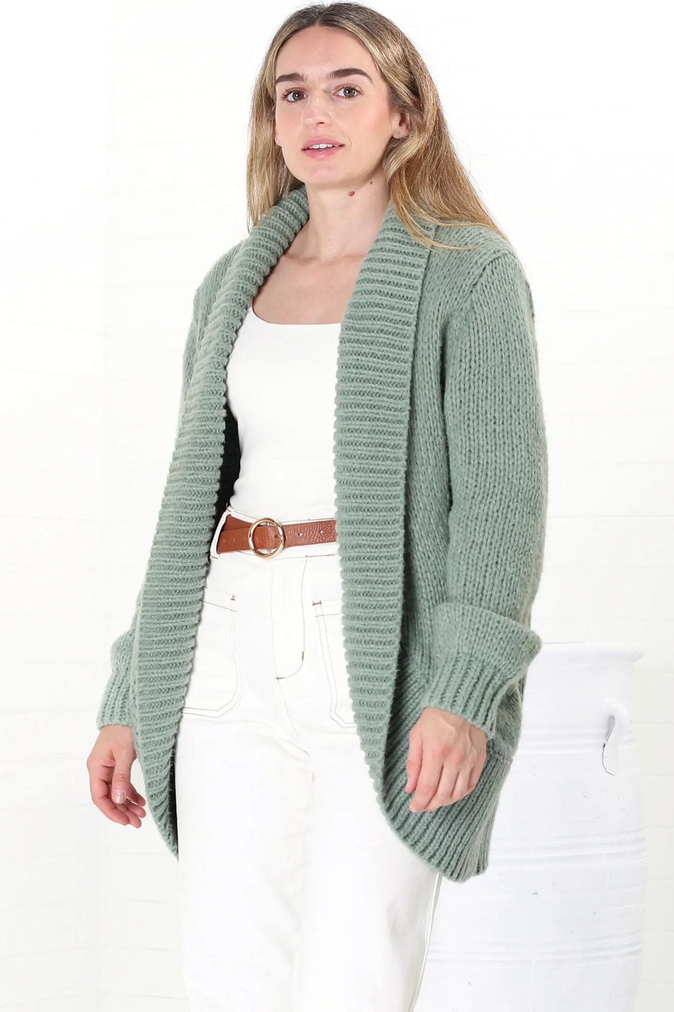 Blair Cardigan - Chunky Open Front Knit Cardigan with Pockets in Sage sold by Salty Crush product image thumbnail 2