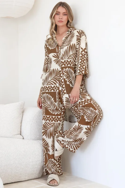 Sibelle Set - Collared Button Down Shirt and Pant Set in Sunny Print Coffee sold by Salty Crush