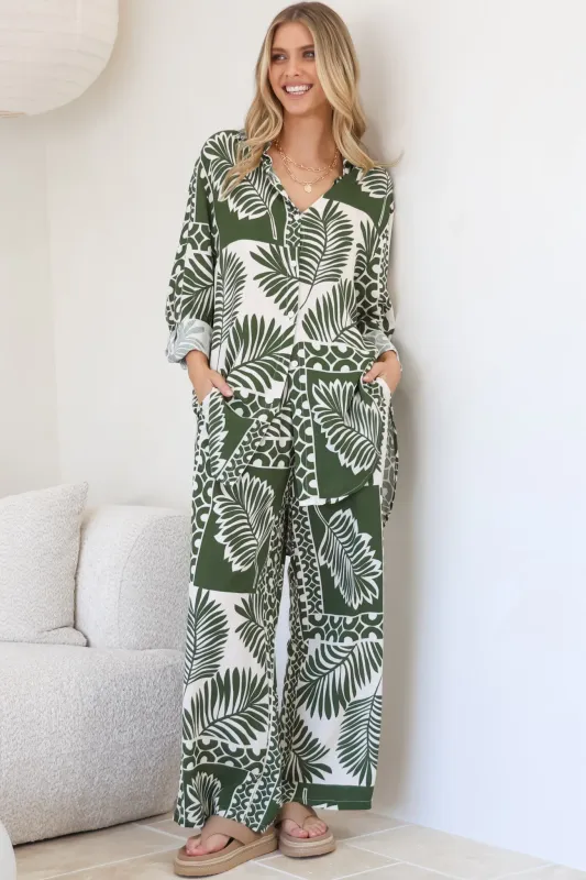 Sibelle Set - Collared Button Down Shirt and Pant Set in Sunny Print Green sold by Salty Crush