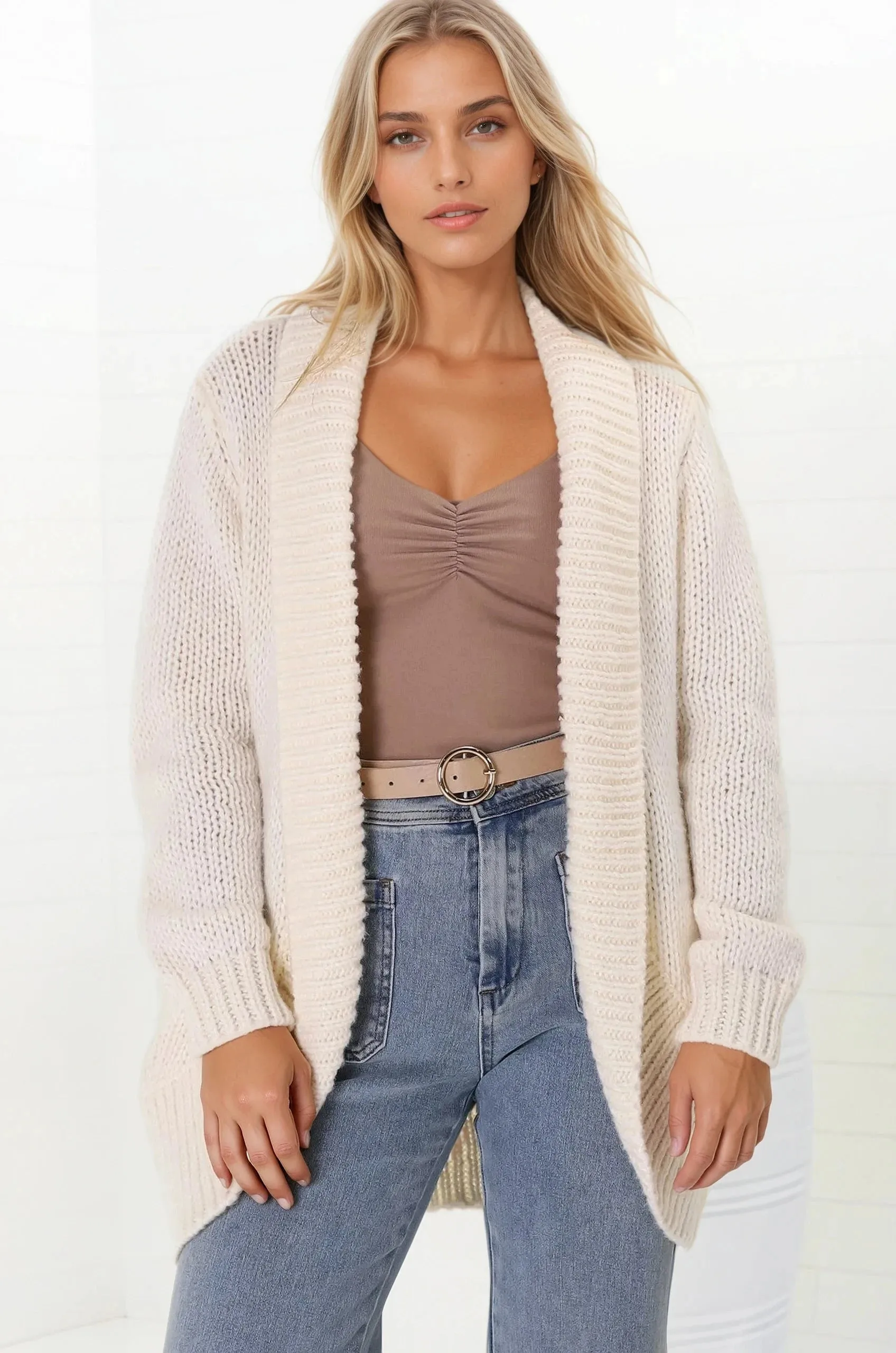 Blair Cardigan - Chunky Open Front Knit Cardigan with Pockets in Cream sold by Salty Crush