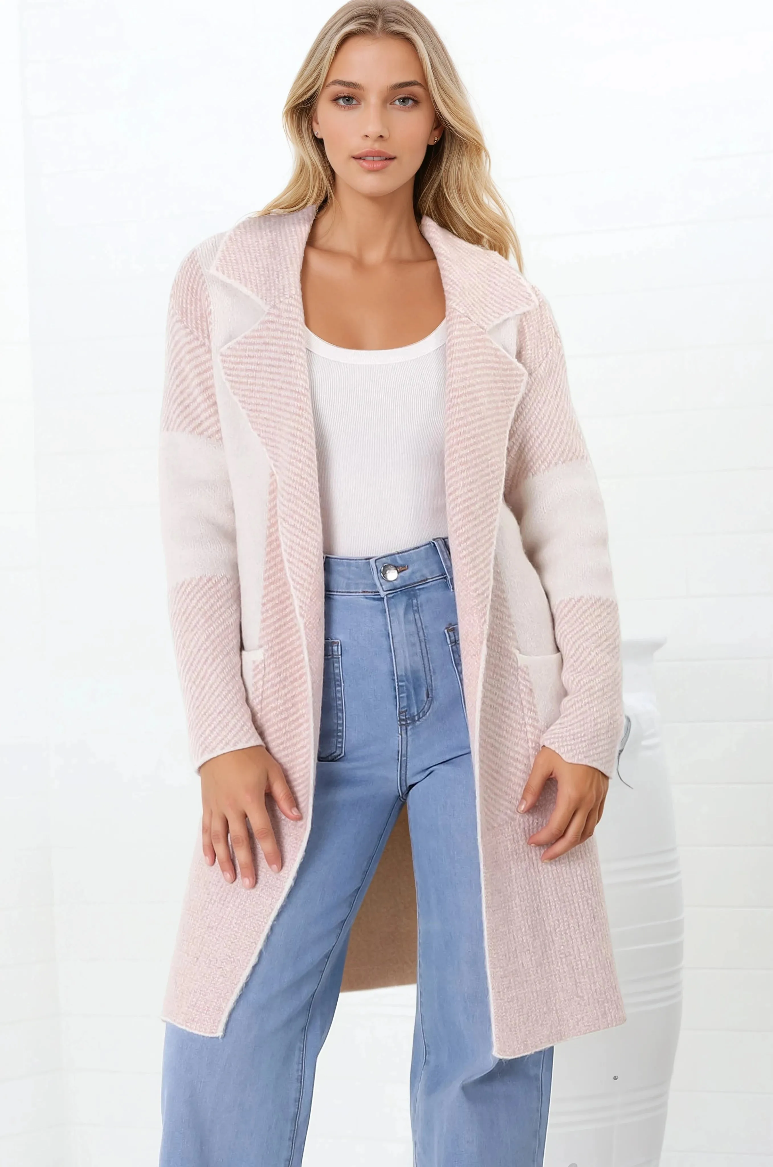 Veronica Cardigan - Color Block Herringbone Open Knit in Pink sold by Salty Crush product image thumbnail 4