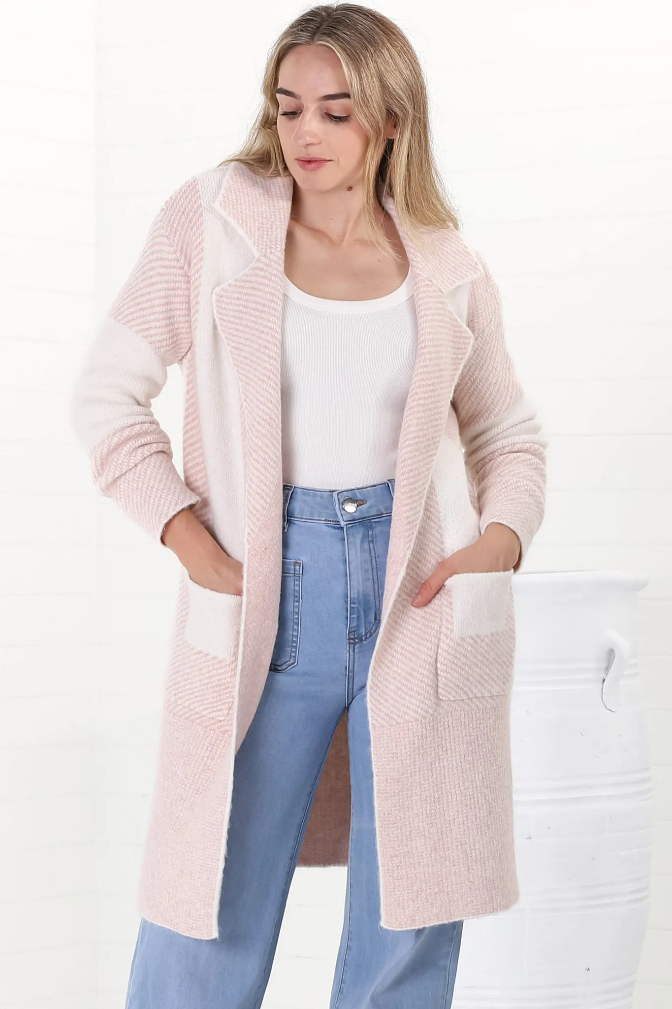 Veronica Cardigan - Color Block Herringbone Open Knit in Pink sold by Salty Crush product image thumbnail 2