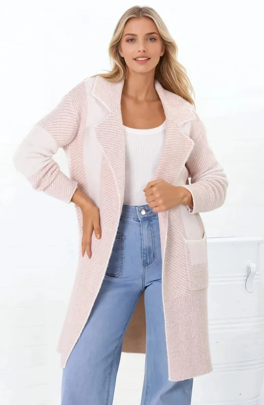 Veronica Cardigan - Color Block Herringbone Open Knit in Pink sold by Salty Crush