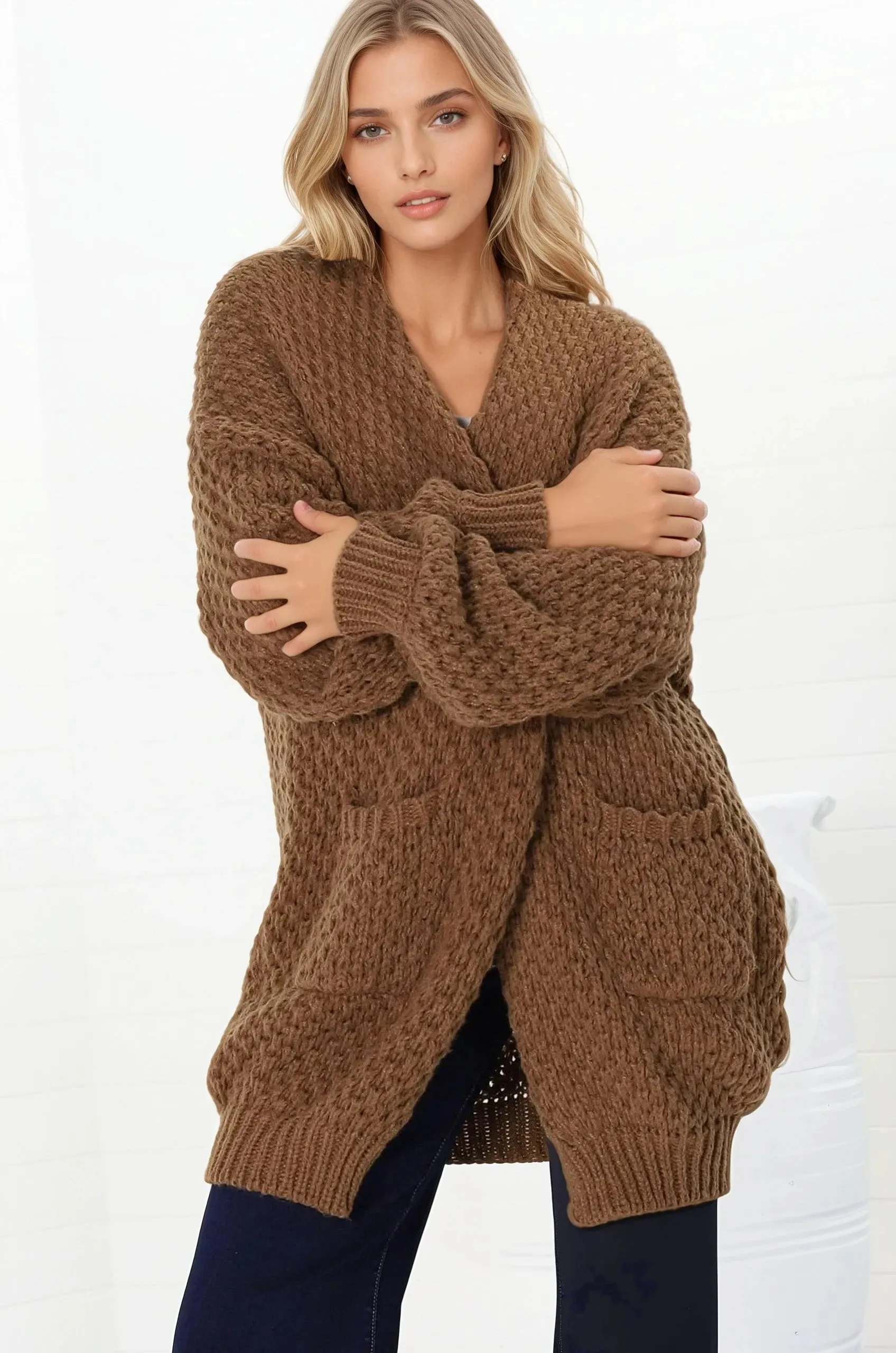 Ricki Cardigan - Open Front Chunky Knit Cardigan in Tan sold by Salty Crush product image thumbnail 4