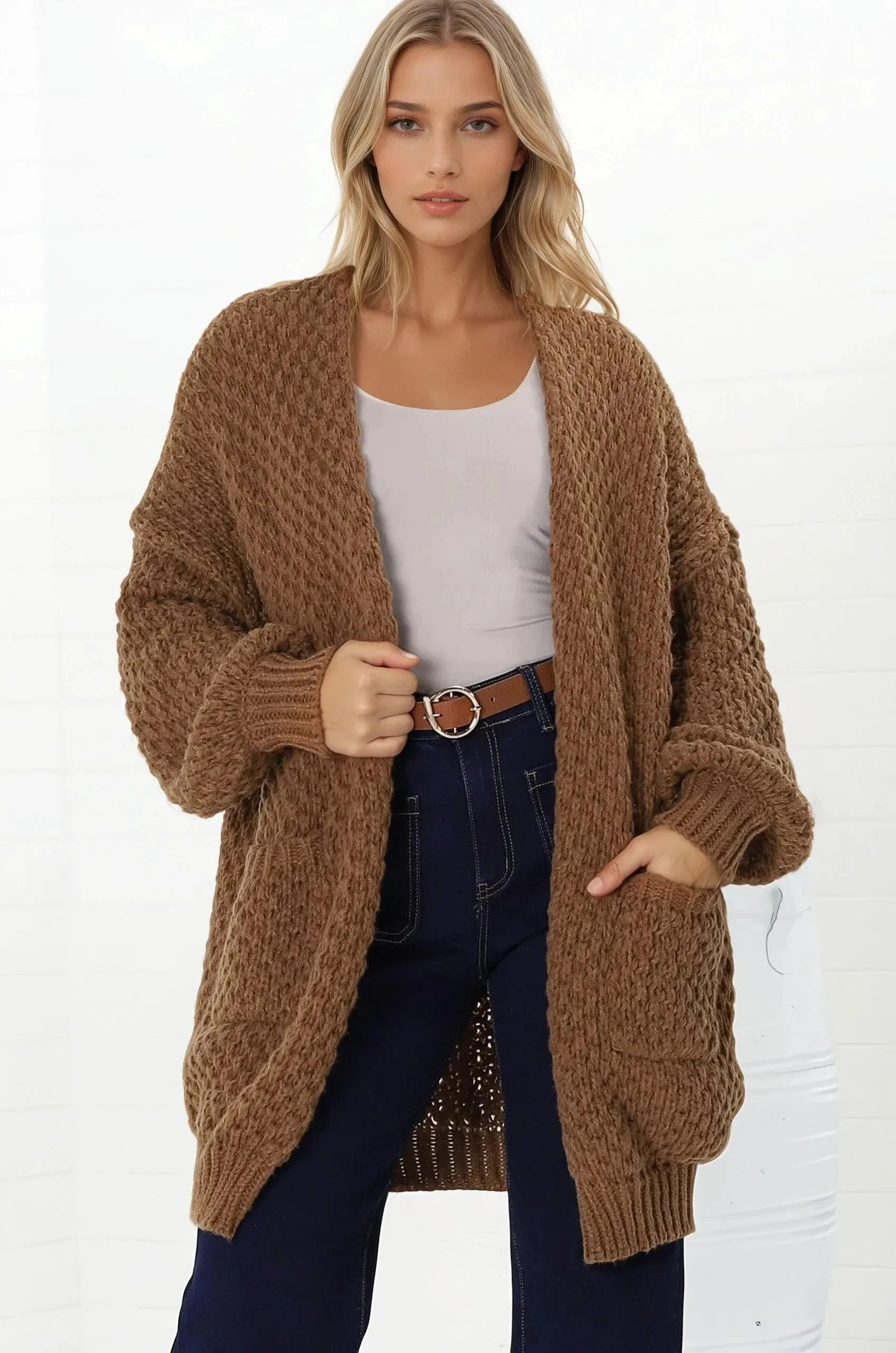 Ricki Cardigan - Open Front Chunky Knit Cardigan in Tan sold by Salty Crush
