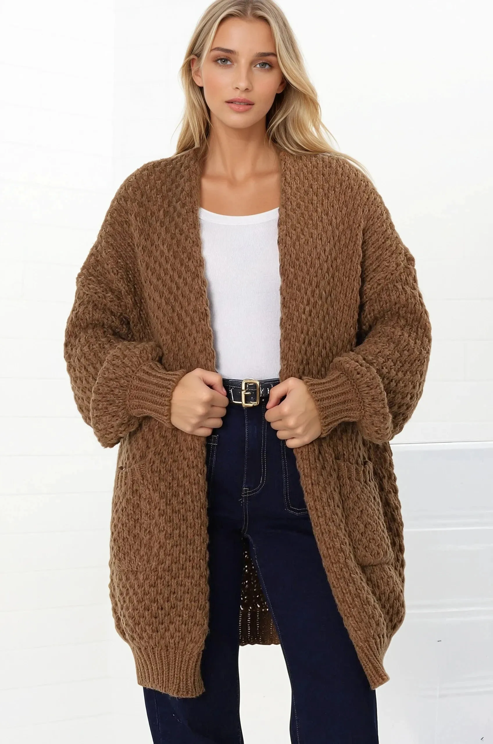 Ricki Cardigan - Open Front Chunky Knit Cardigan in Tan sold by Salty Crush product image thumbnail 5