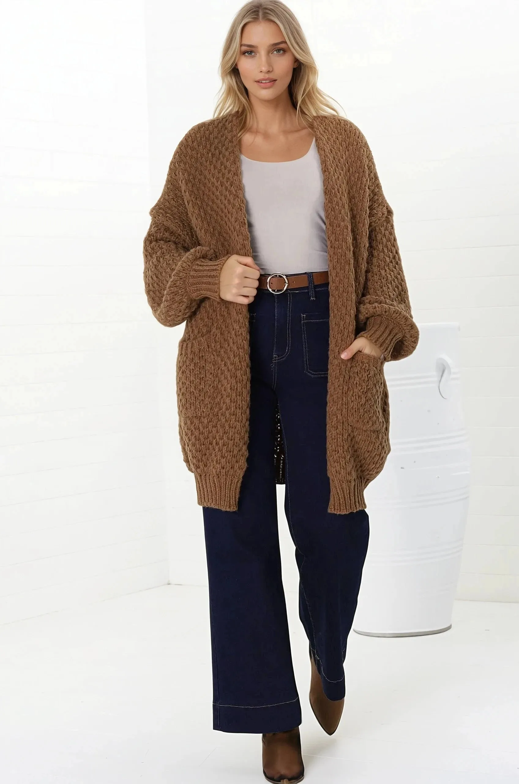 Ricki Cardigan - Open Front Chunky Knit Cardigan in Tan sold by Salty Crush product image thumbnail 3