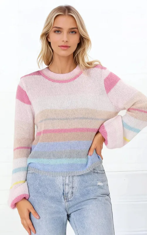 Janice Jumper - Crew Neck Striped Jumper in Pink sold by Salty Crush