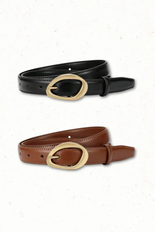 Quinn PU Leather Abstract Gold Buckle Thin Belt Set - Black/Brown sold by Salty Crush