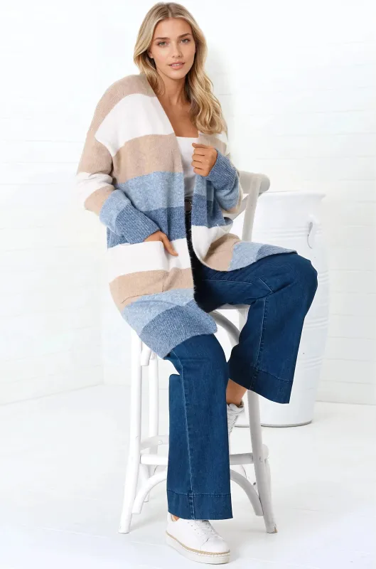 Eastley Cardigan - Open Front Stripe Cardigan in Blue sold by Salty Crush