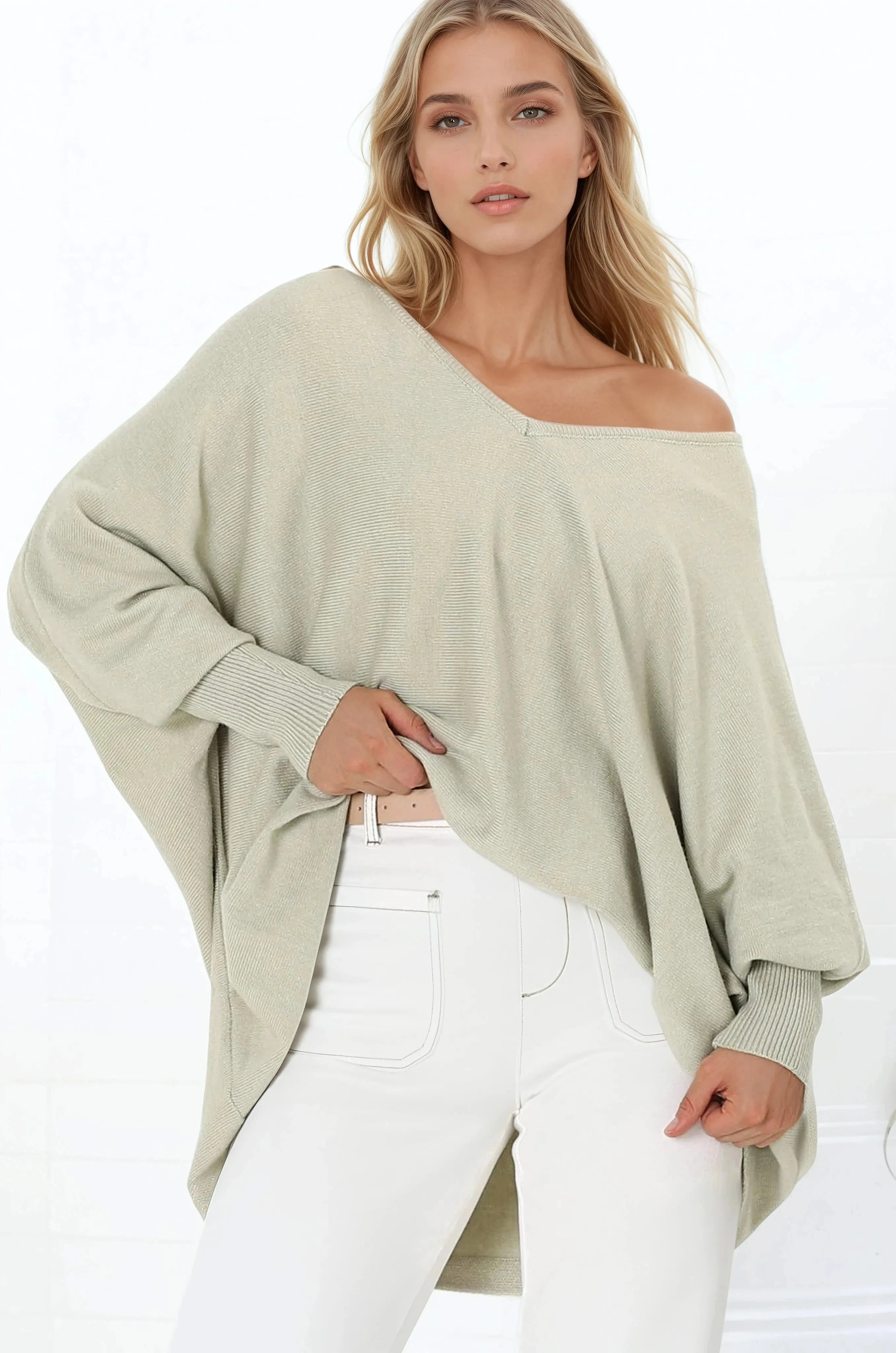 Pier Jumper - Oversized Batwing Knit Jumper in Sage sold by Salty Crush