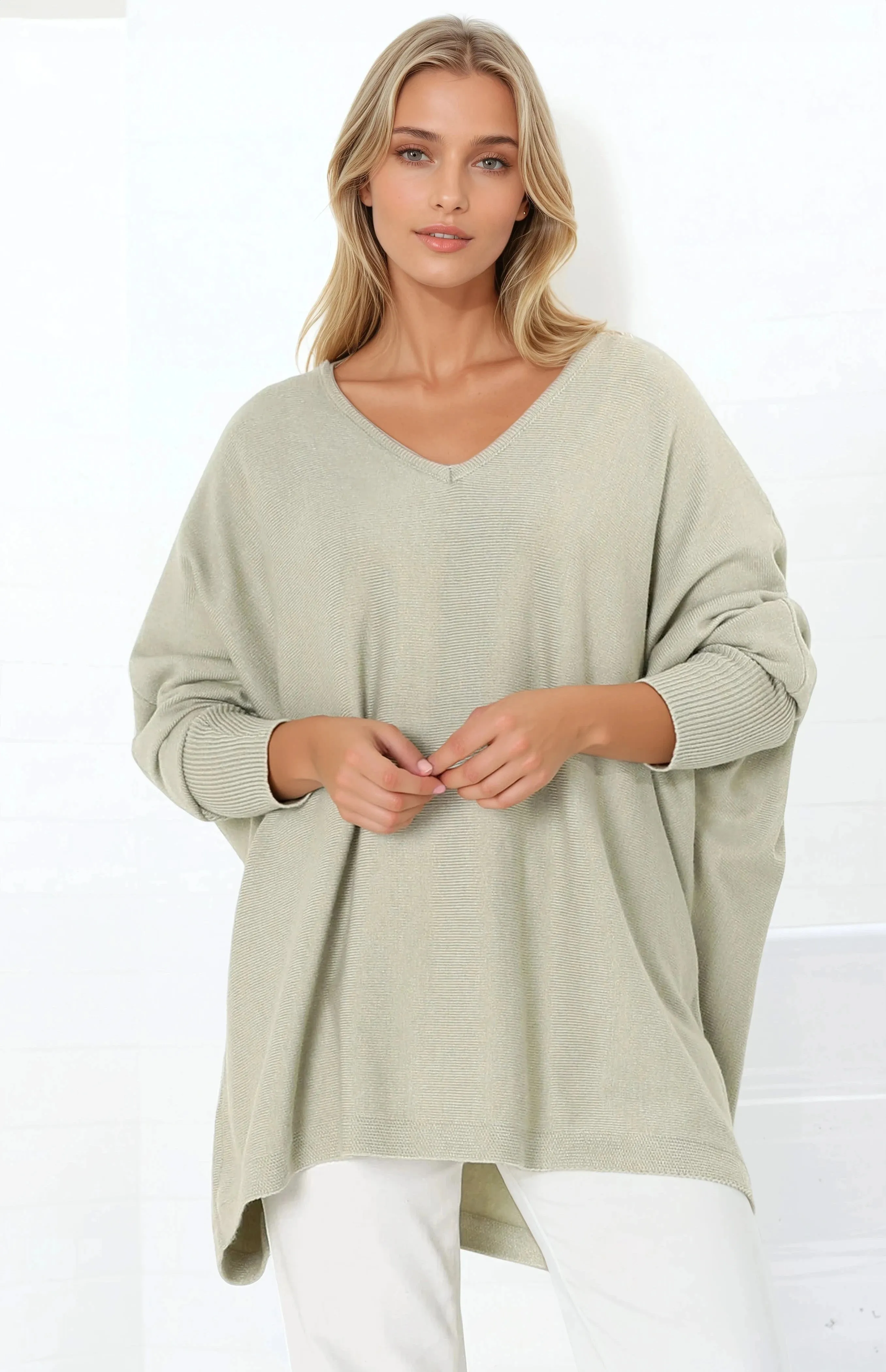 Pier Jumper - Oversized Batwing Knit Jumper in Sage sold by Salty Crush product image thumbnail 2