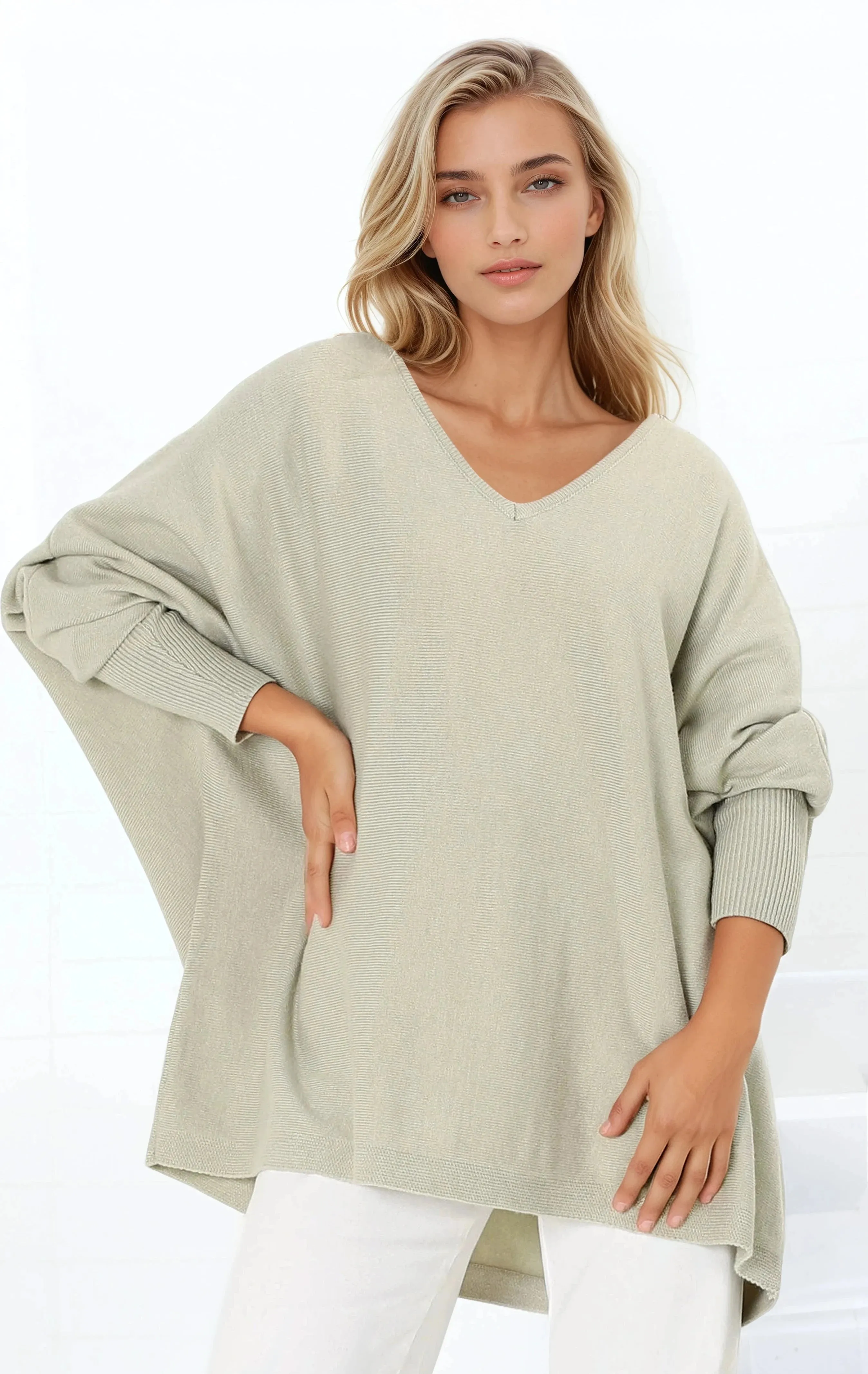 Pier Jumper - Oversized Batwing Knit Jumper in Sage sold by Salty Crush product image thumbnail 4