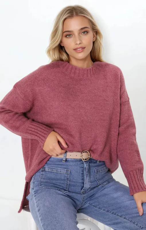 Sammy Jumper - Crew Neck Ribbed Shark Bite Hemline Jumper in Cherry sold by Salty Crush