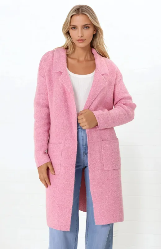 Samson Cardigan - Folded Lapel Collar Coatigan with Pockets in Pink sold by Salty Crush