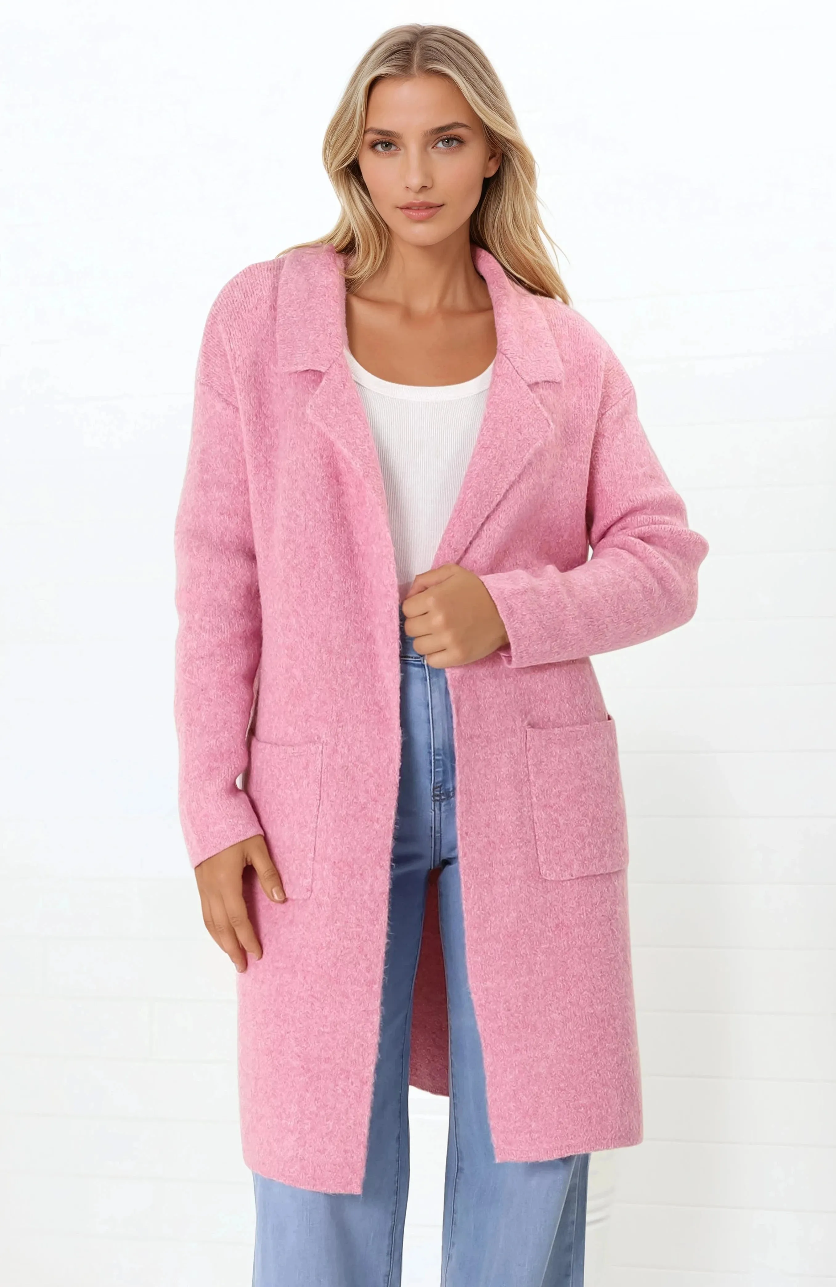 Samson Cardigan - Folded Lapel Collar Coatigan with Pockets in Pink sold by Salty Crush